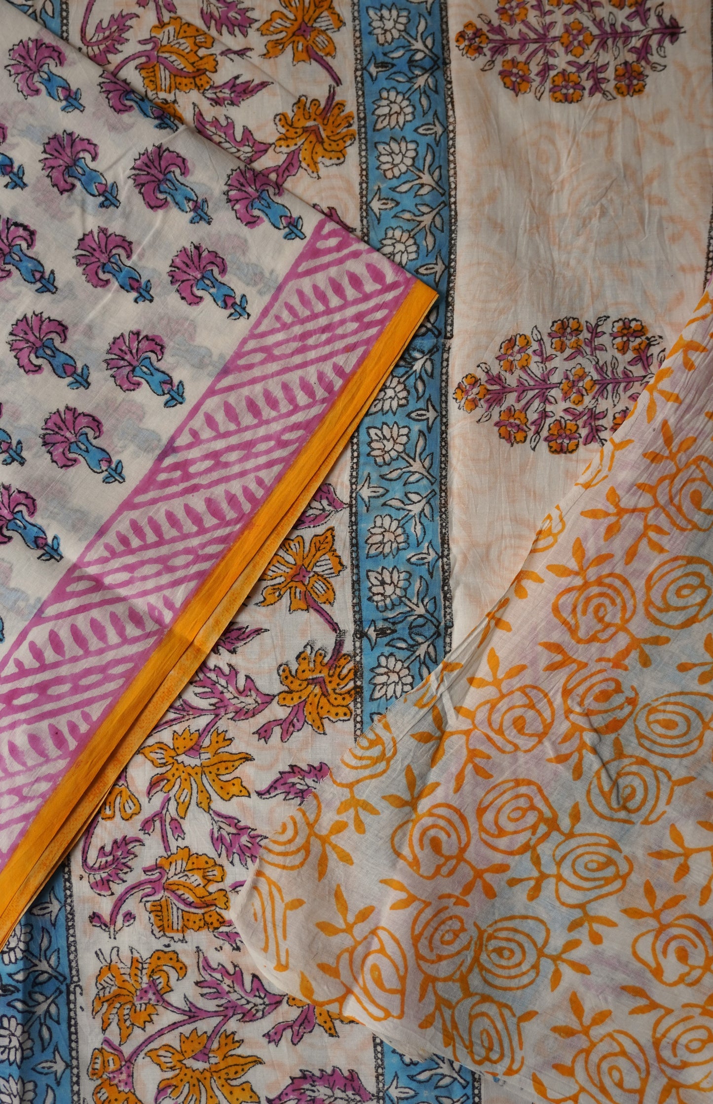 White Mulmul Cotton Saree with Pastel Bloom Block Print