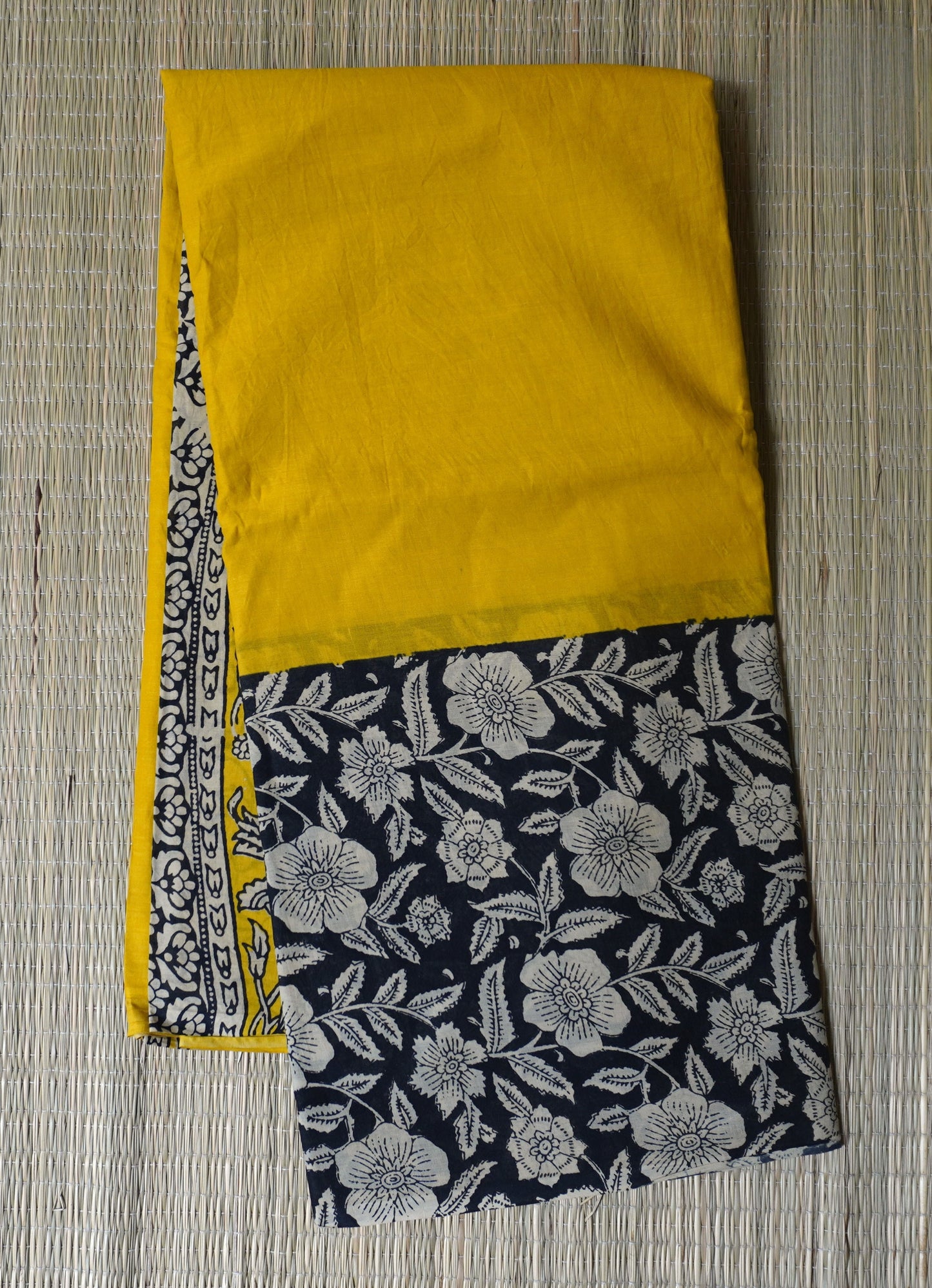 Yellow & Black Mulmul Cotton Saree with Hand Block Florals