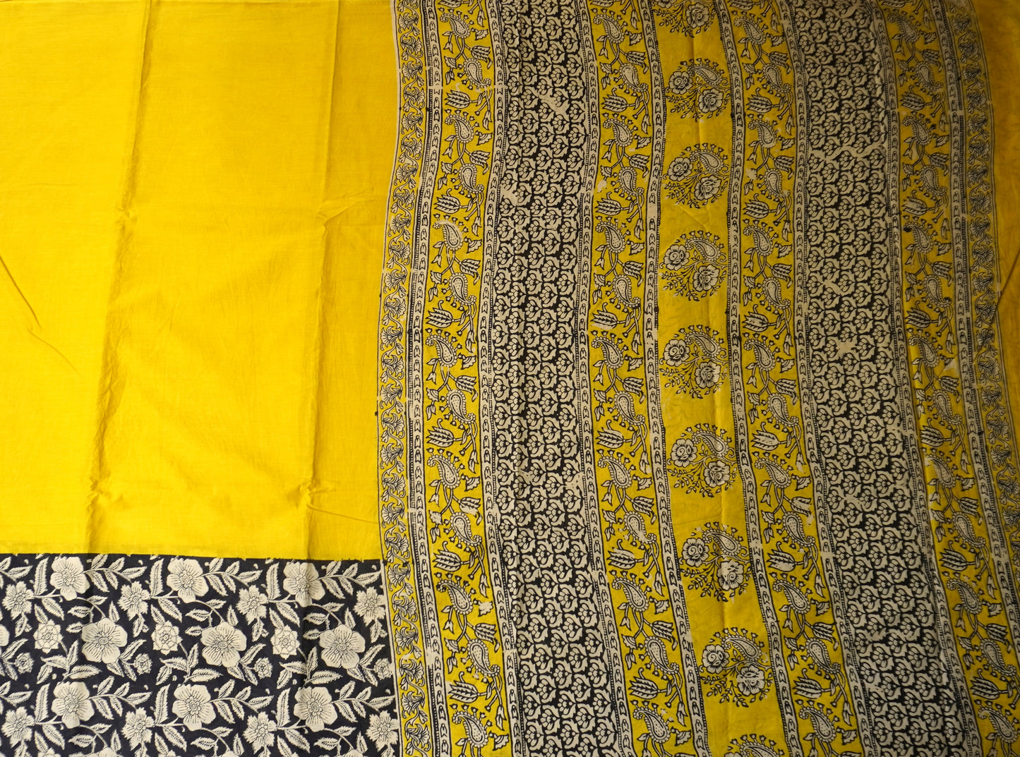 Yellow & Black Mulmul Cotton Saree with Hand Block Florals