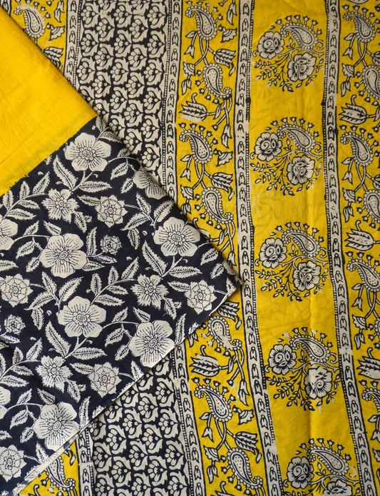 Yellow & Black Mulmul Cotton Saree with Hand Block Florals