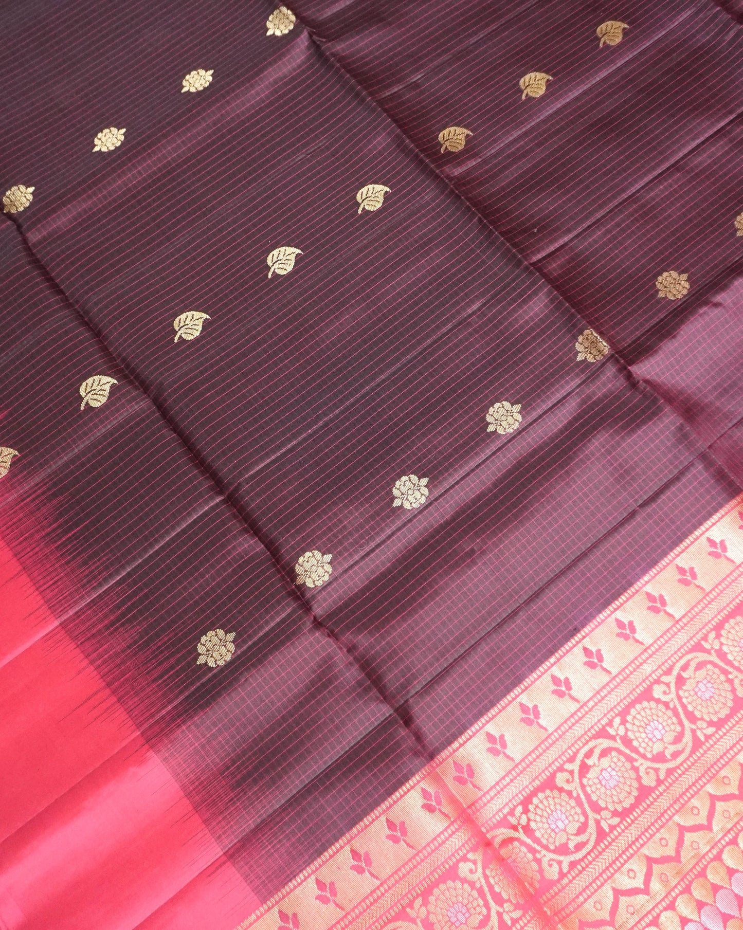 Wine & Rani Pink Handloom Kanchipuram Soft Silk Saree with Zari Checks