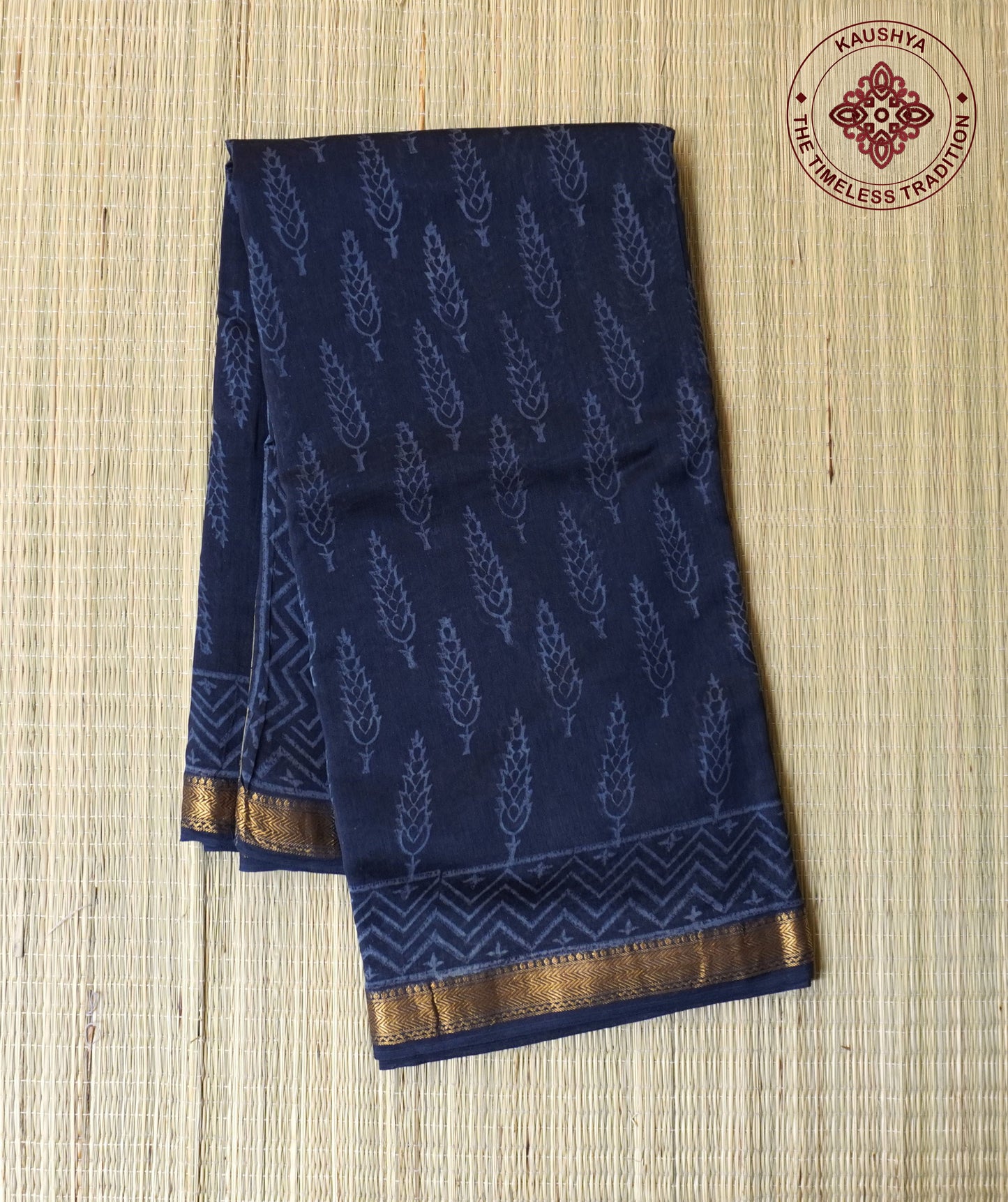 Navy Blue Maheshwari Silk Cotton Saree with Subtle Block Print