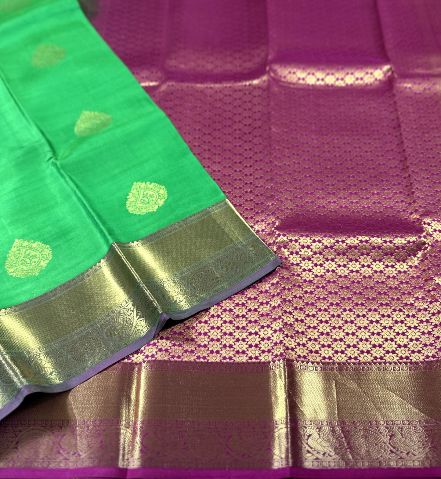 Parrot Green & Rani Pink Kanchipuram Pure Silk Saree
