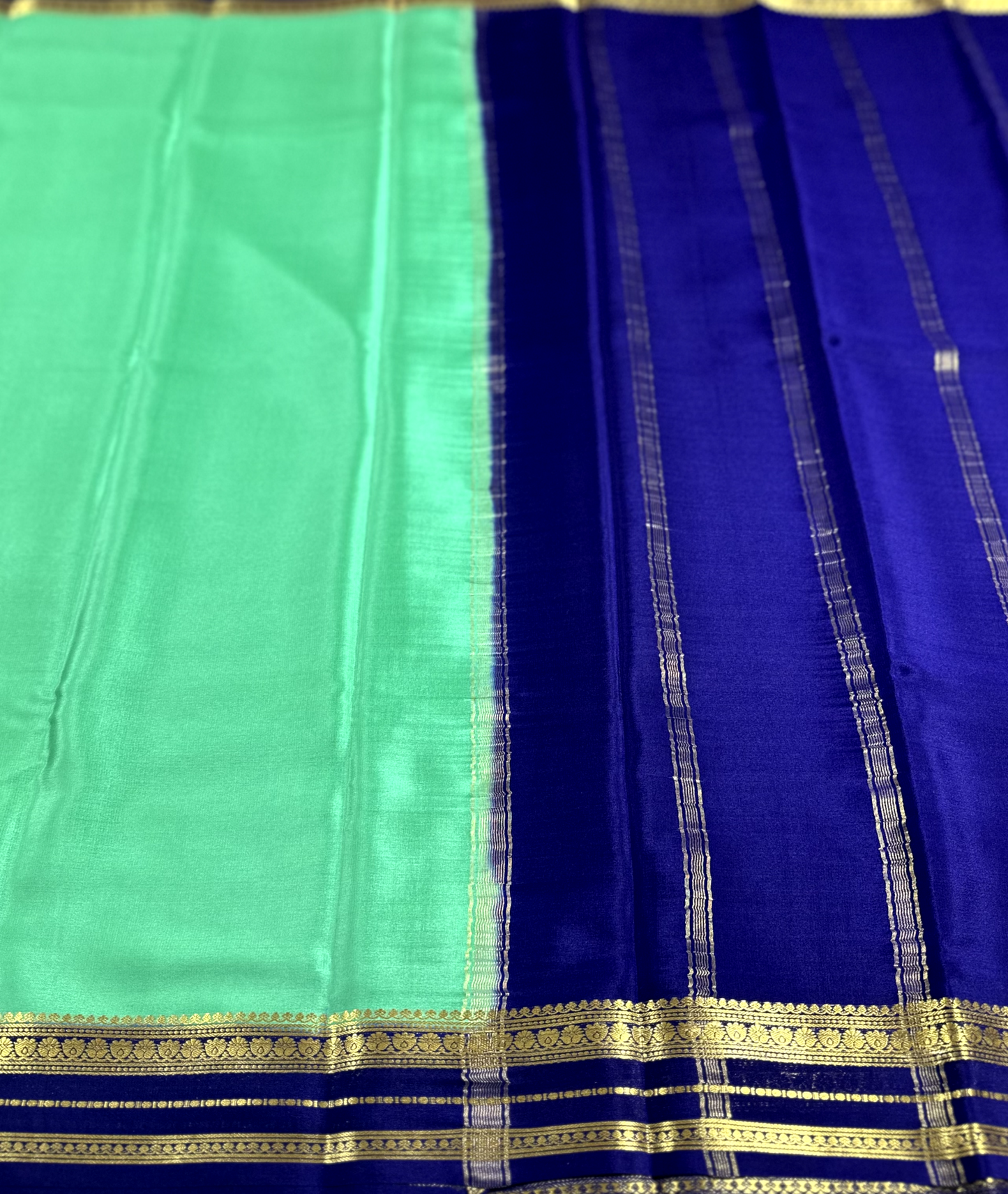 Sea Green & Blue Pure Silk Mysore Crepe Saree With Piping Boarder