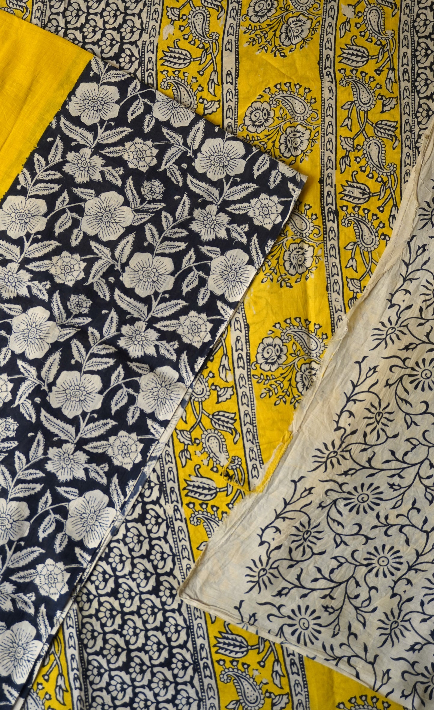 Yellow & Black Mulmul Cotton Saree with Hand Block Florals