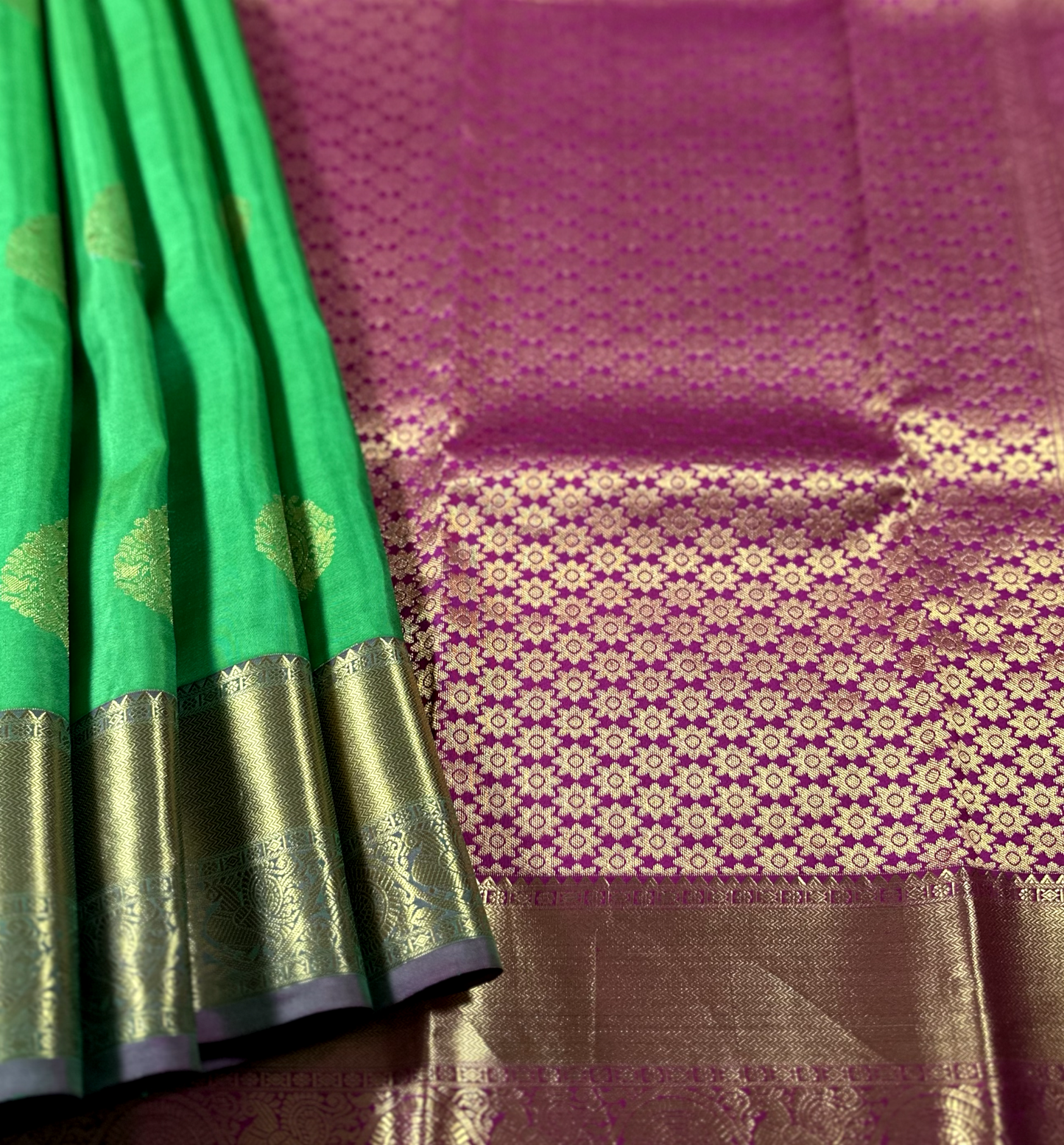 Parrot Green & Rani Pink Kanchipuram Pure Silk Saree