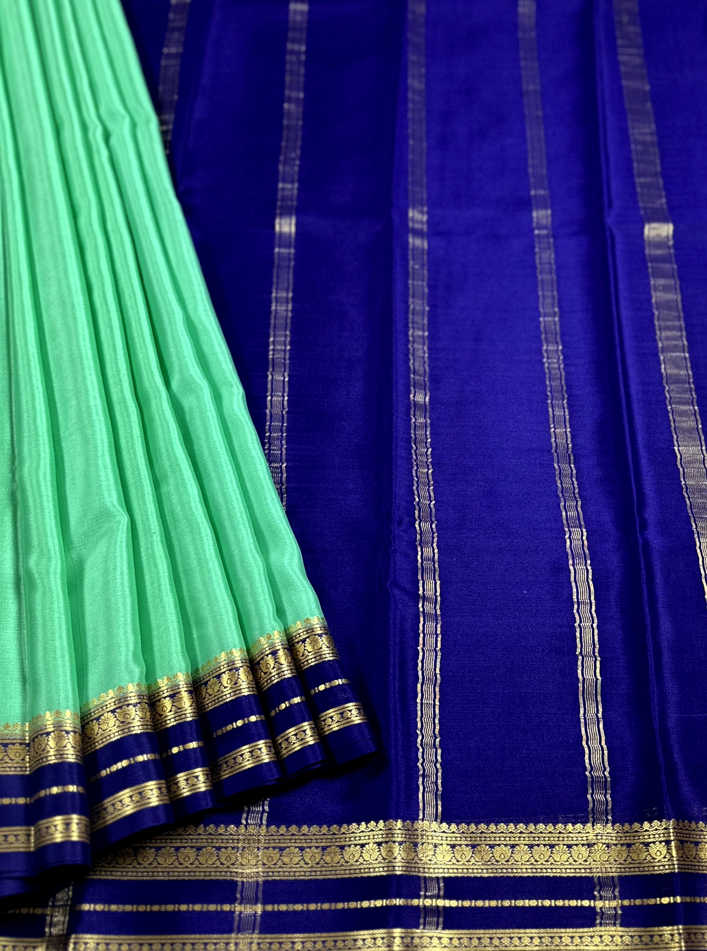 Sea Green & Blue Pure Silk Mysore Crepe Saree With Piping Boarder