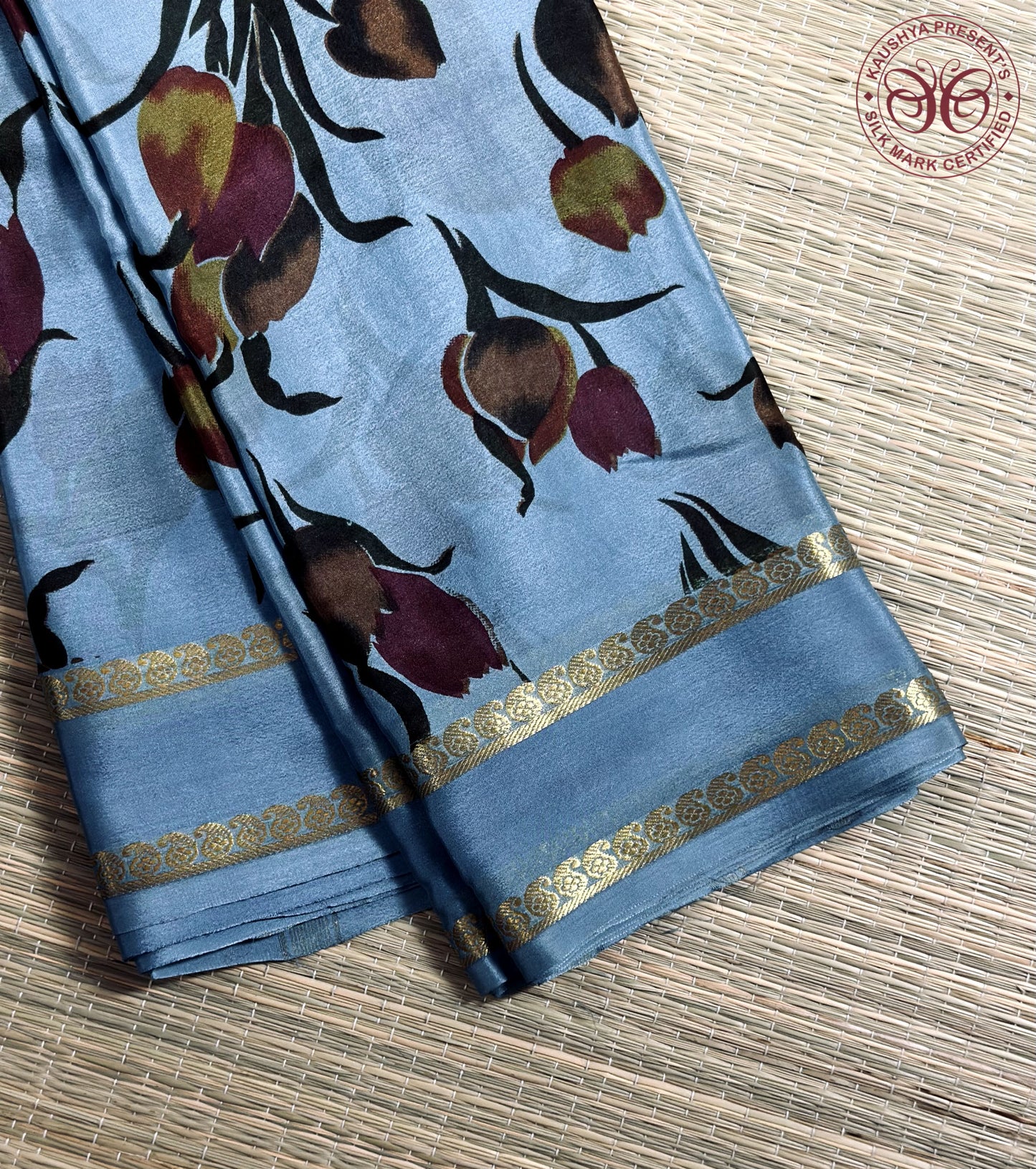 Grey Hand Painted Pure Silk Mysore Crepe Saree