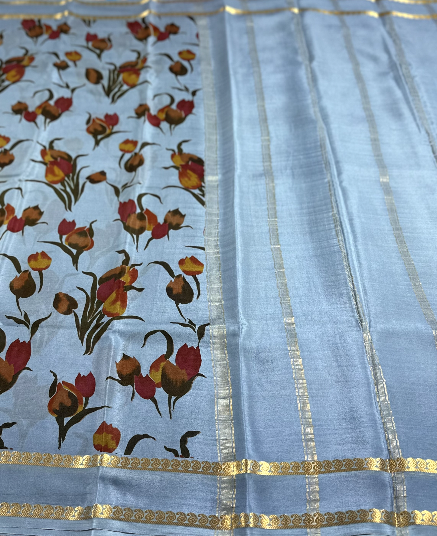Grey Hand Painted Pure Silk Mysore Crepe Saree