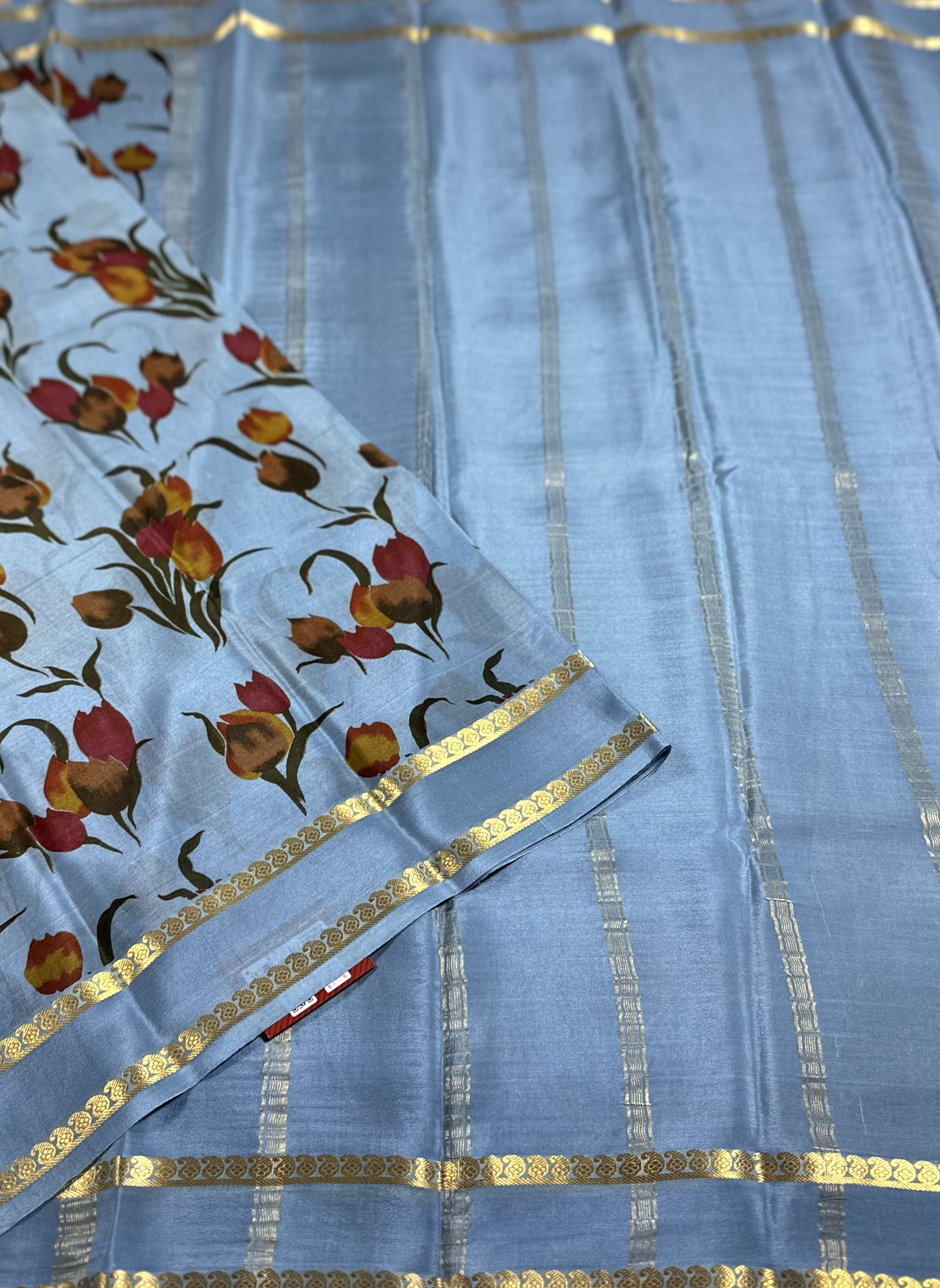 Grey Hand Painted Pure Silk Mysore Crepe Saree