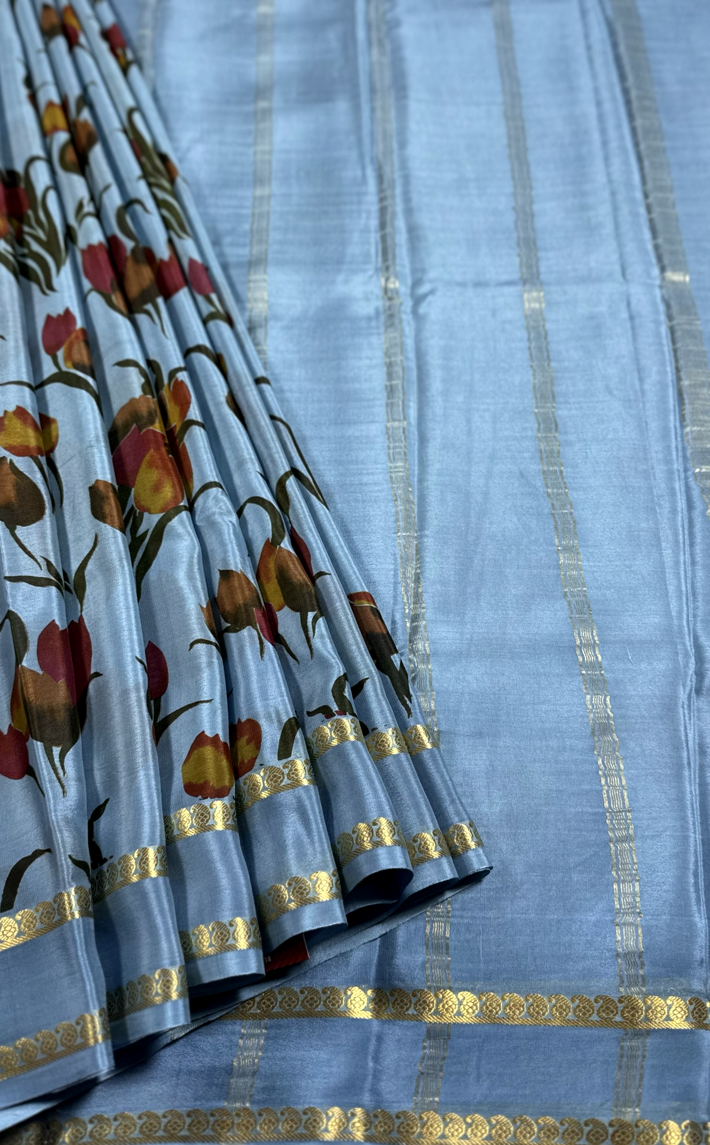 Grey Hand Painted Pure Silk Mysore Crepe Saree