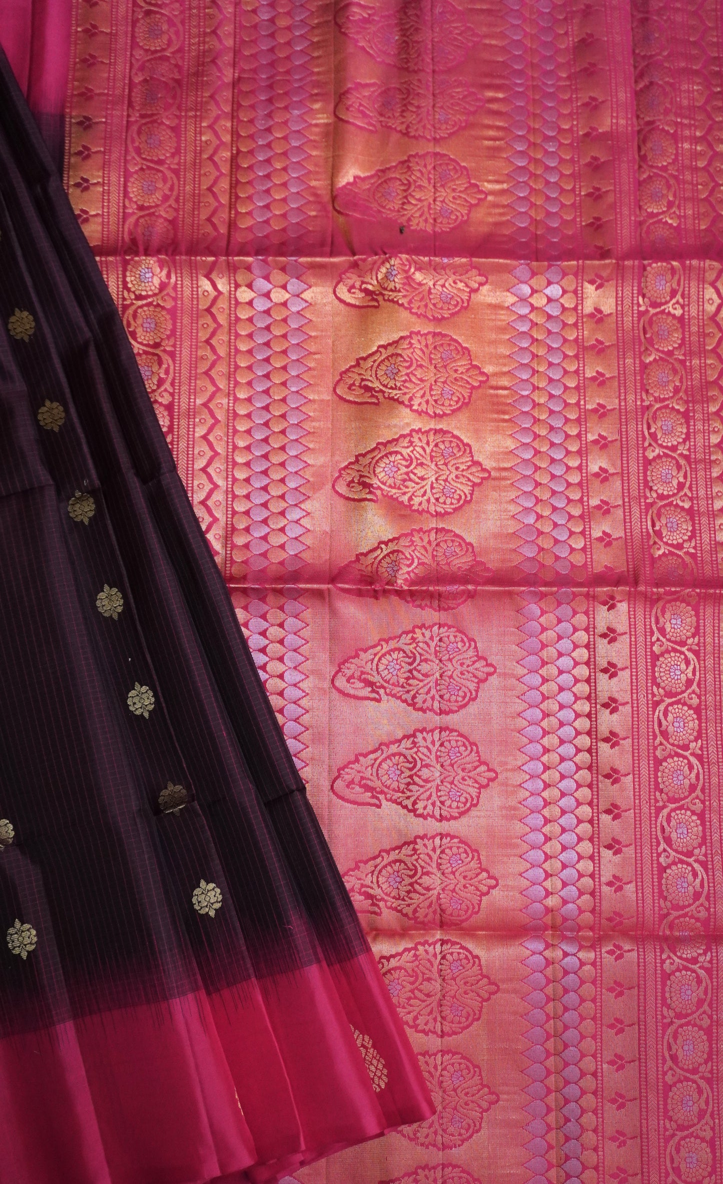 Wine & Rani Pink Handloom Kanchipuram Soft Silk Saree with Zari Checks