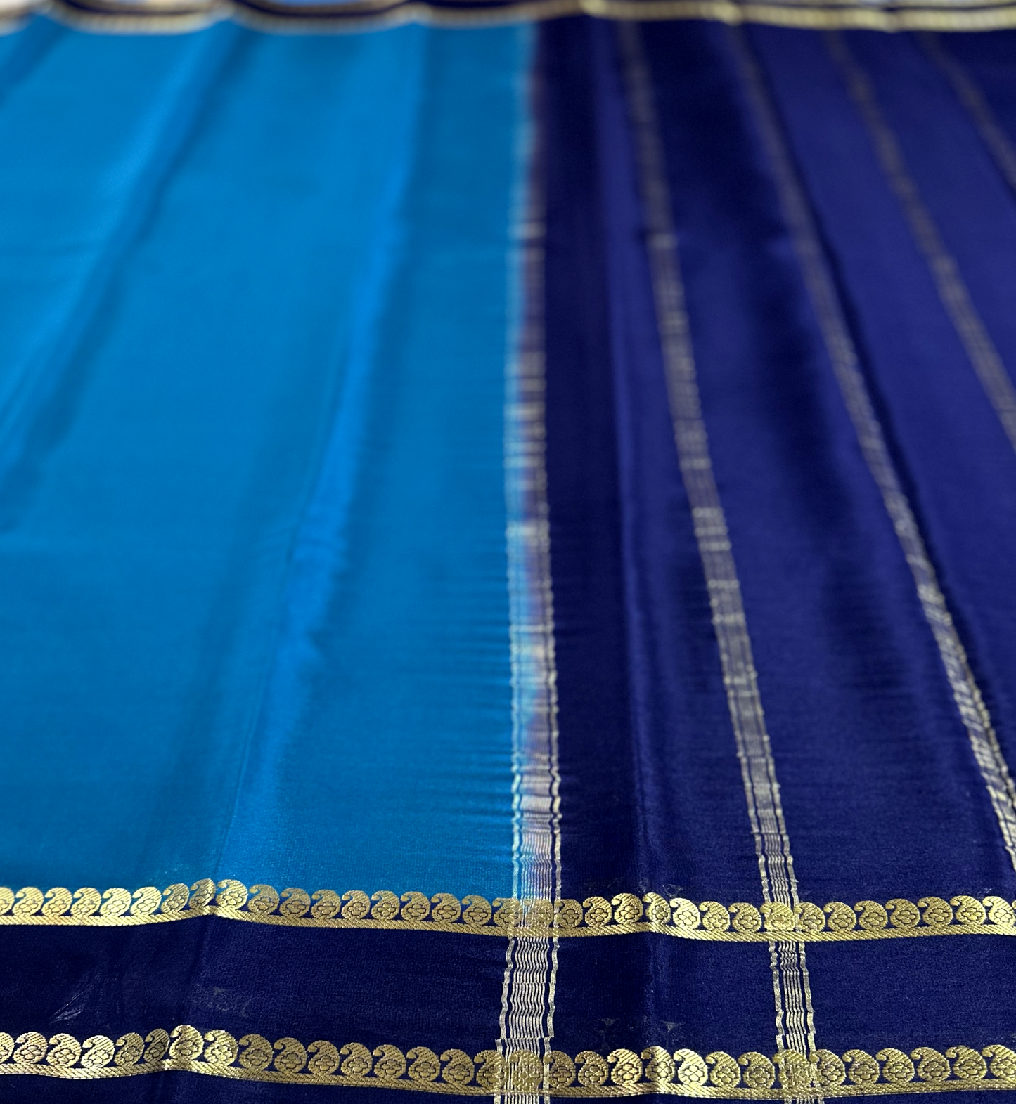 Rama Green & Dark Blue Light Weight Pure Silk Mysore Crepe Saree With Piping Border