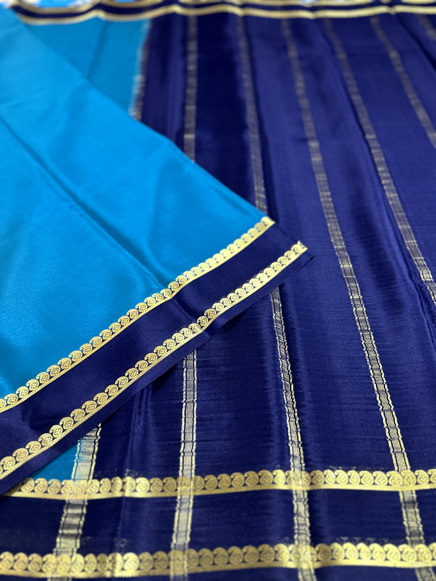 Rama Green & Dark Blue Light Weight Pure Silk Mysore Crepe Saree With Piping Border