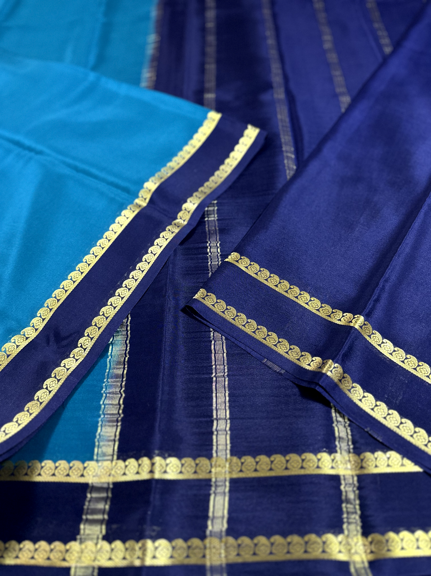 Rama Green & Dark Blue Light Weight Pure Silk Mysore Crepe Saree With Piping Border
