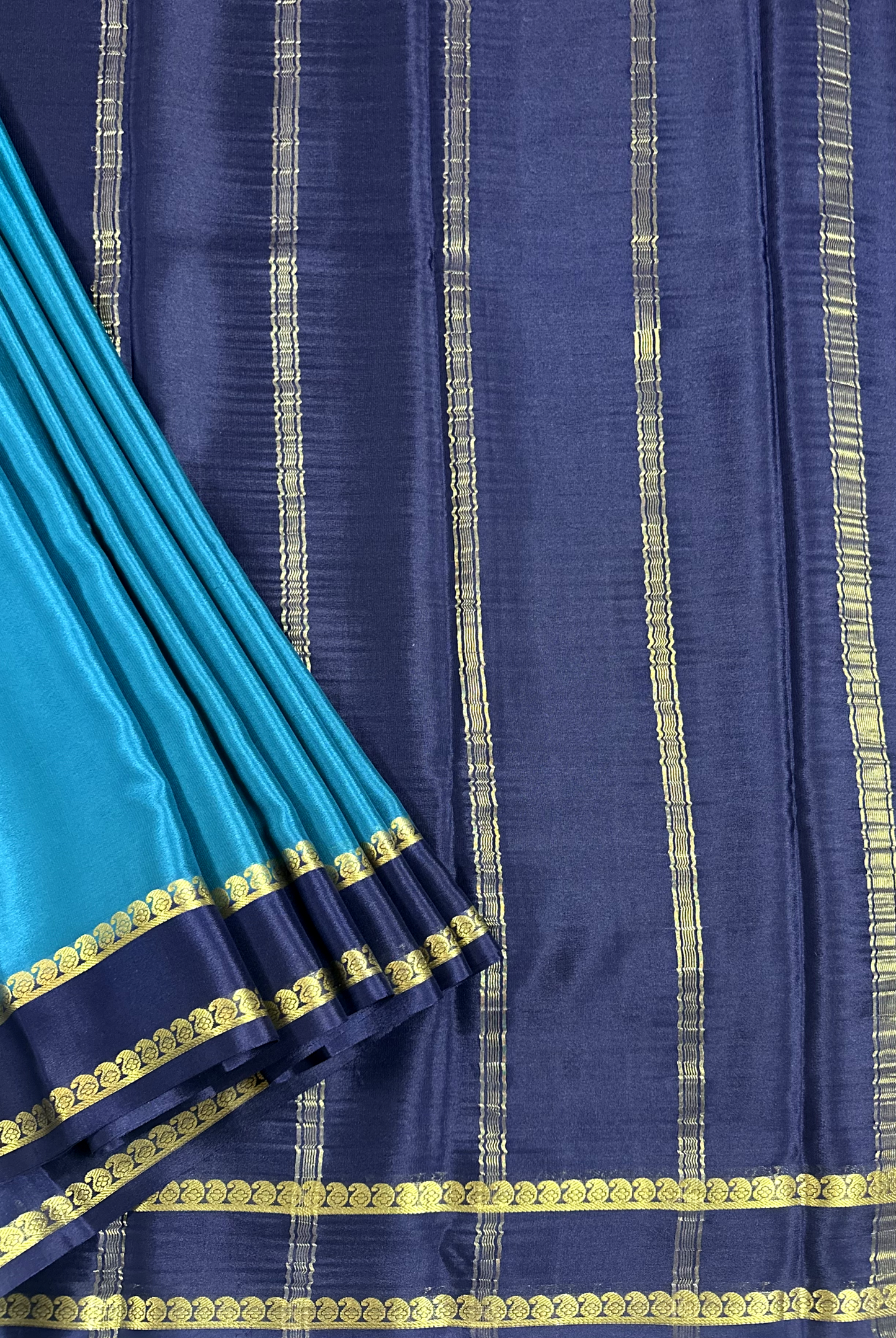 Rama Green & Dark Blue Light Weight Pure Silk Mysore Crepe Saree With Piping Border
