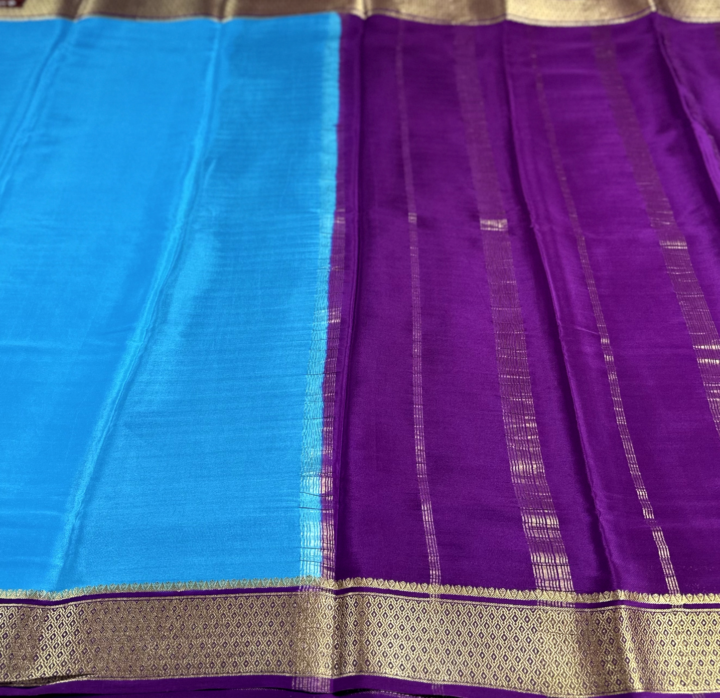 Sky Blue & Purple Pure Silk Mysore Crepe Saree with Dot Border