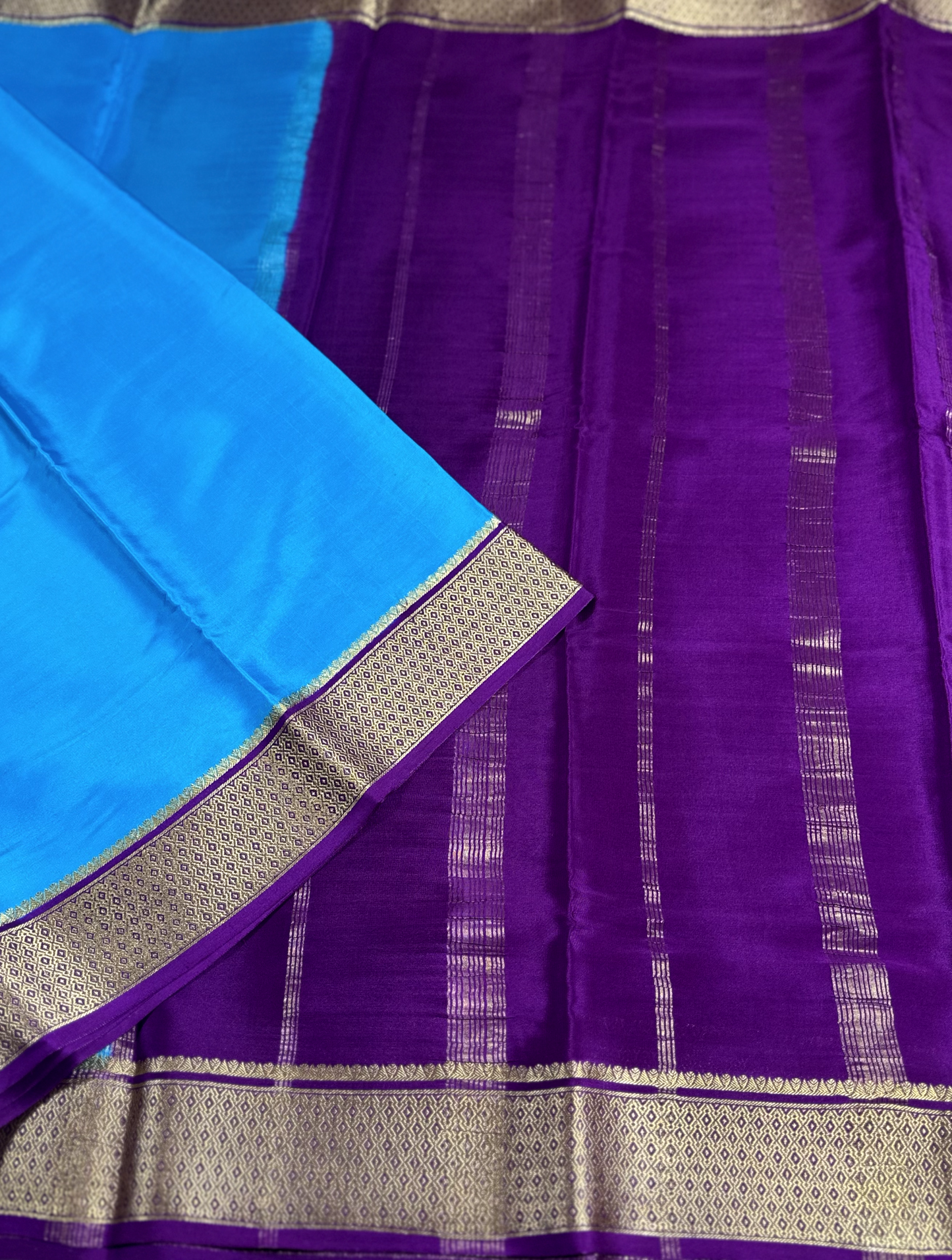 Sky Blue & Purple Pure Silk Mysore Crepe Saree with Dot Border