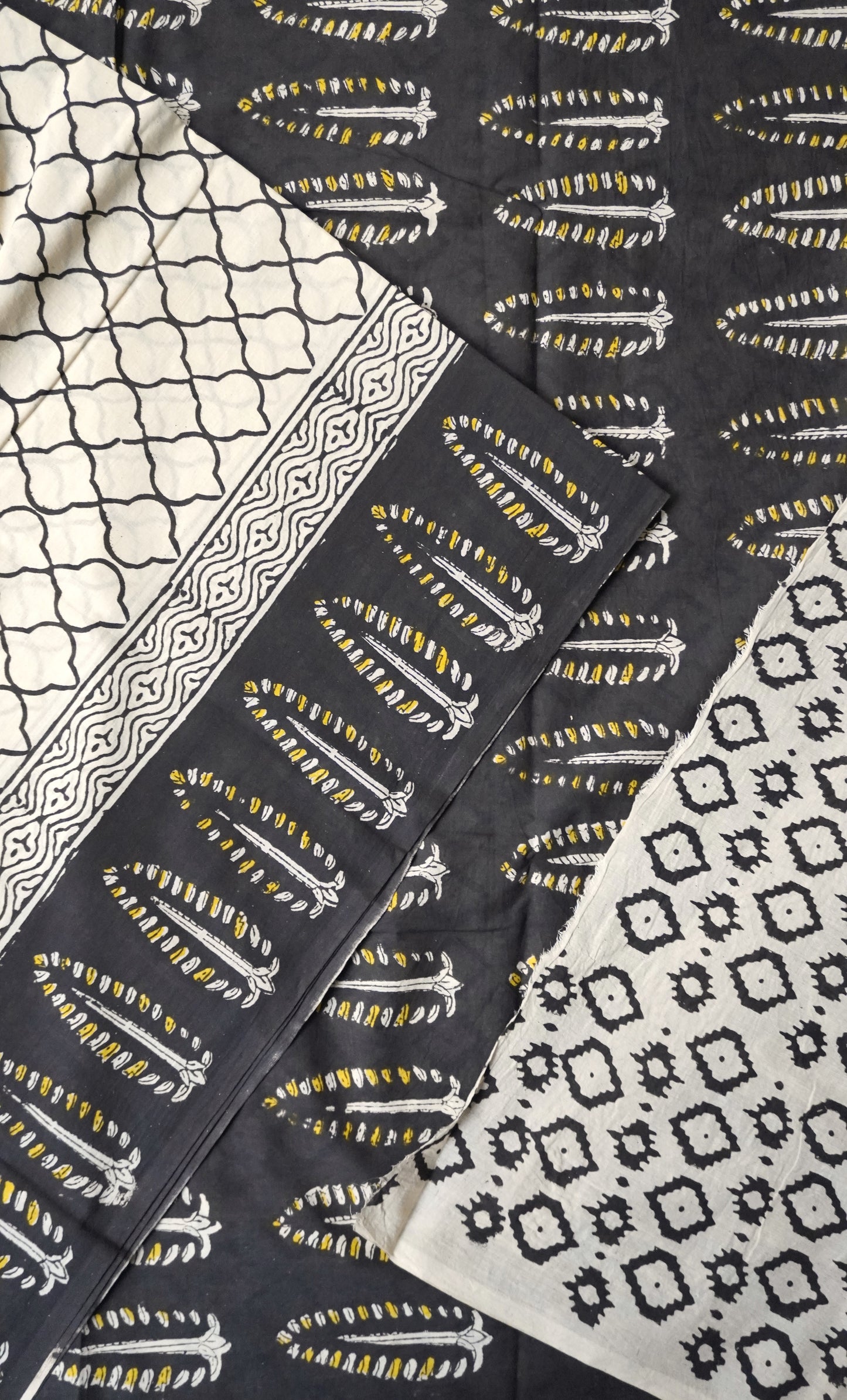 Beige & Black Mulmul Cotton Saree Tribal Block Prints
