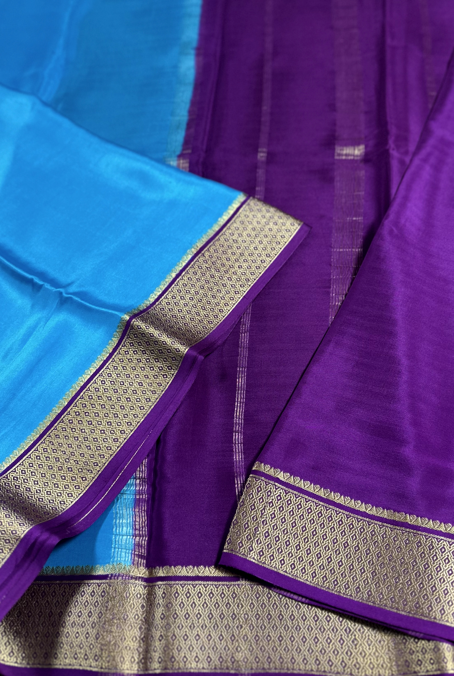 Sky Blue & Purple Pure Silk Mysore Crepe Saree with Dot Border