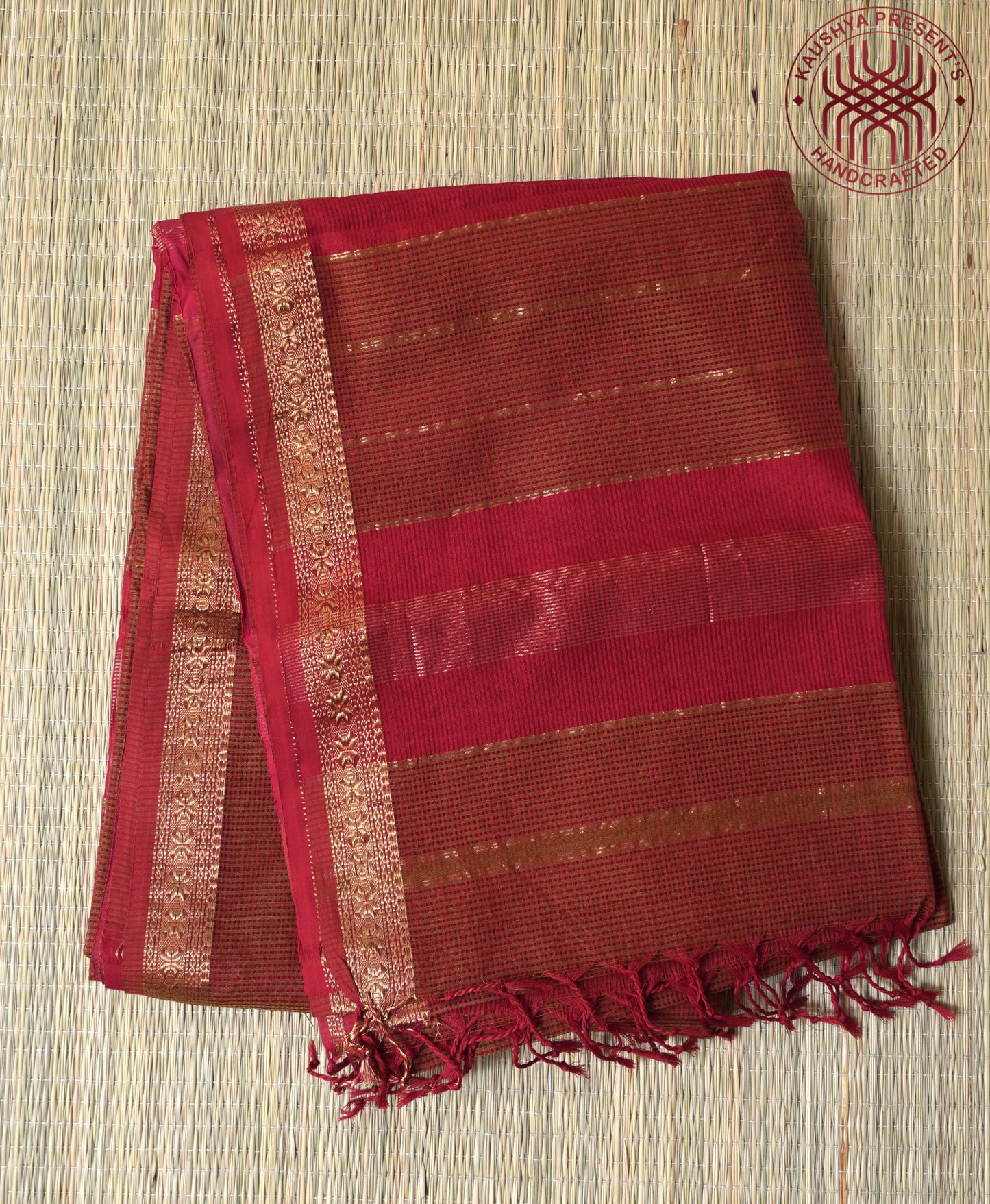 Red Checks Maheshwari Silk Cotton Saree