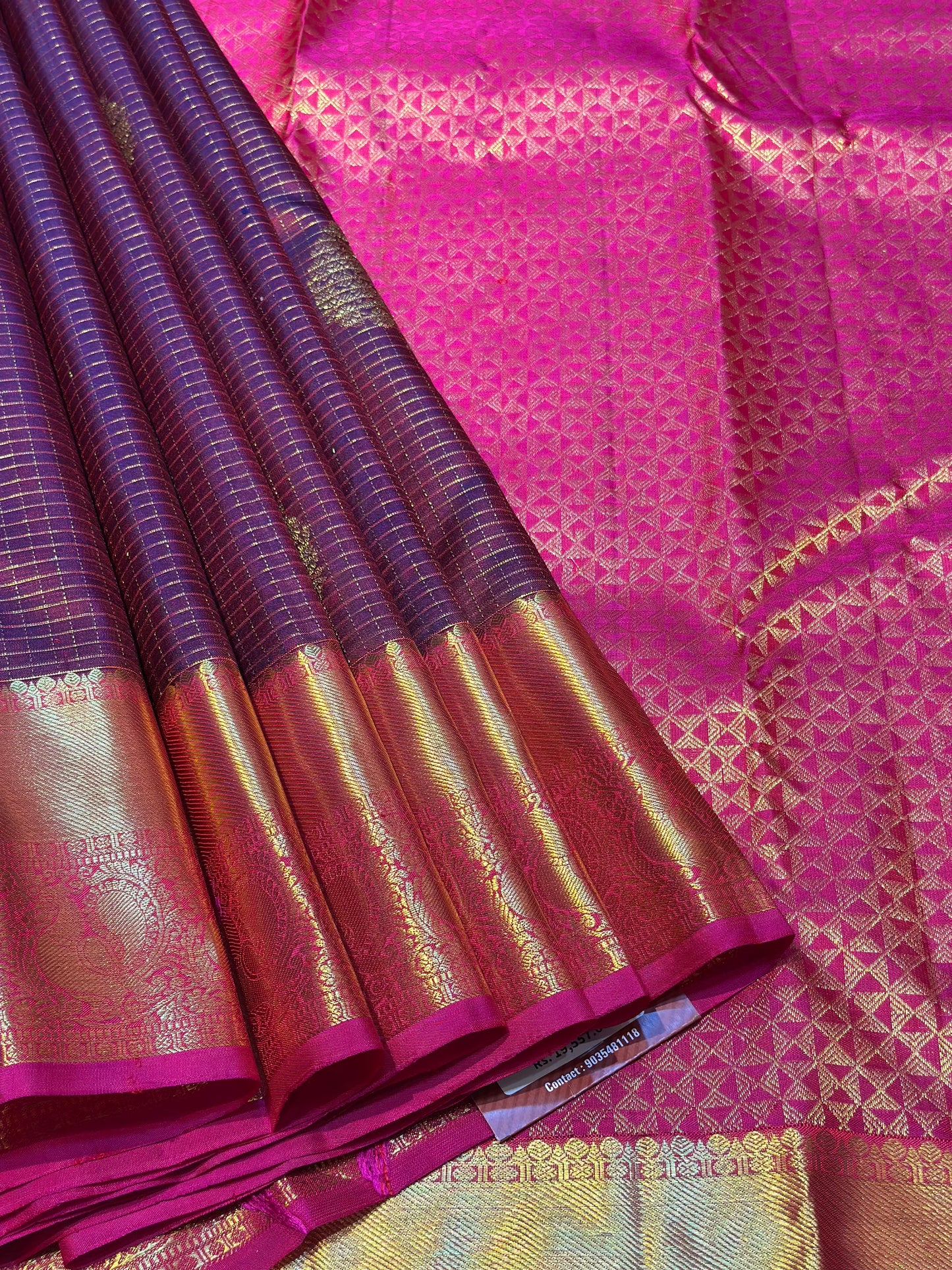 Deep Wine Dual Tone Kanchipuram Pure Silk Saree with Checks lines Butta