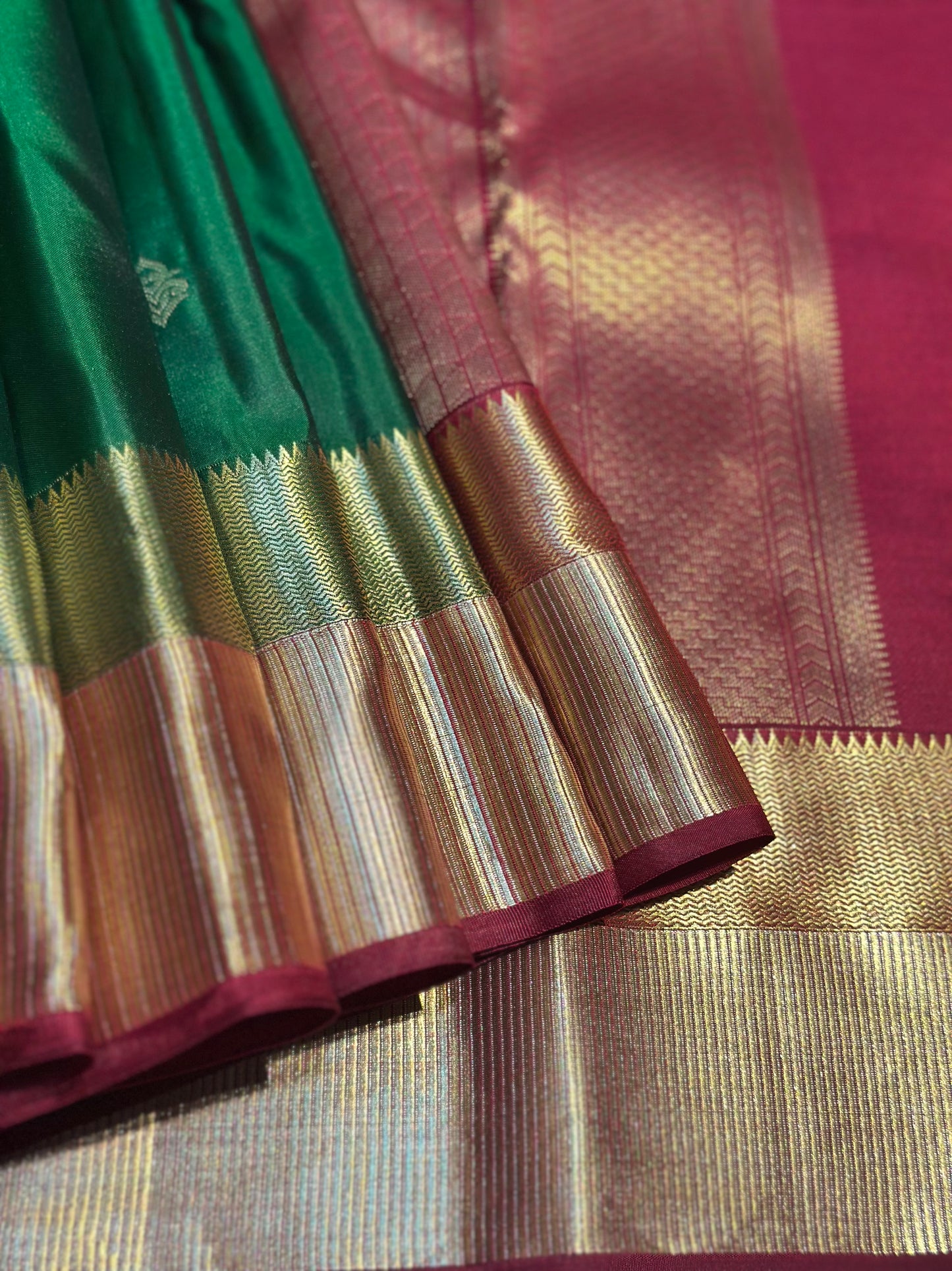 Green Handloom Kanchipuram Pure Silk Saree with Striped Border