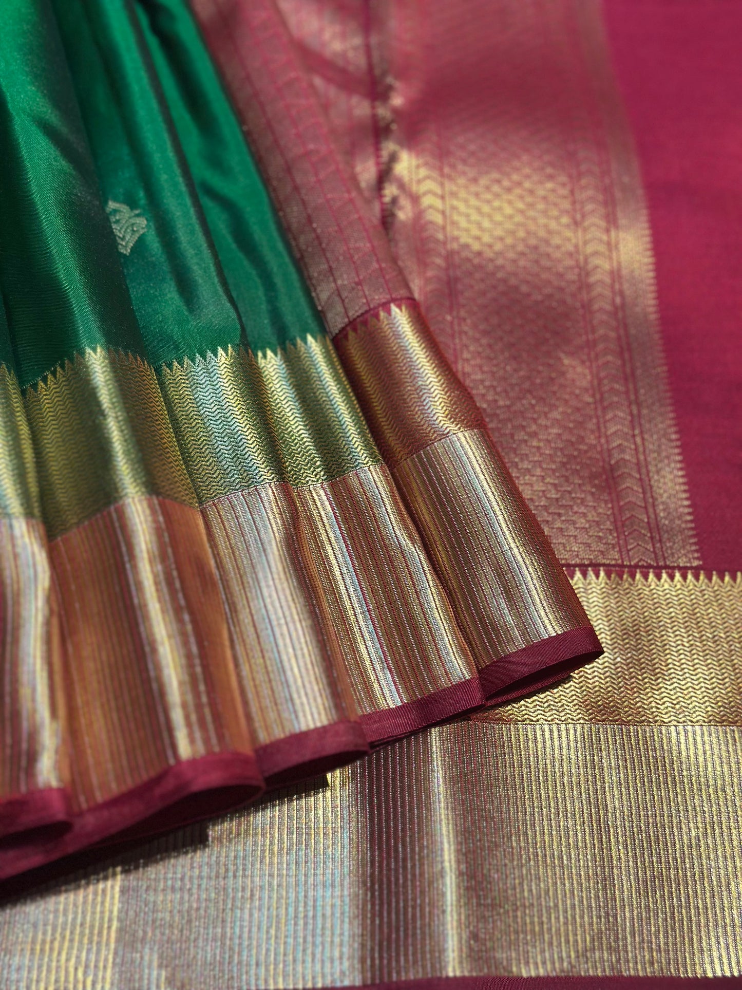 Green Handloom Kanchipuram Pure Silk Saree with Striped Border