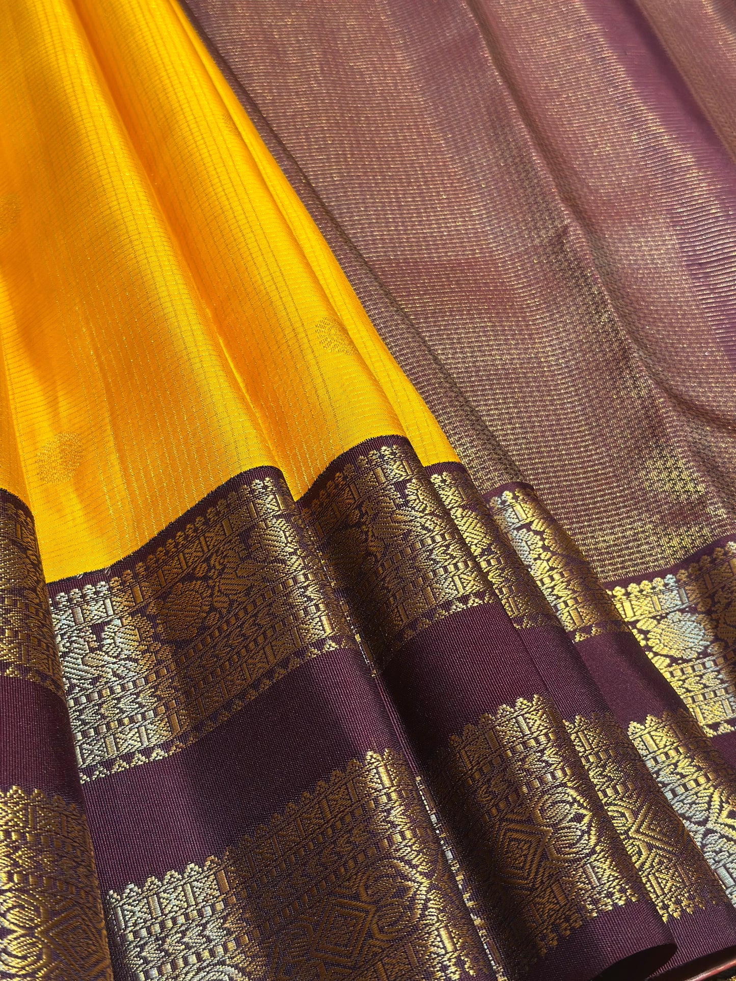 Yellow & Brown Handloom Kanchipuram Pure Silk Saree with Kuttu Jari