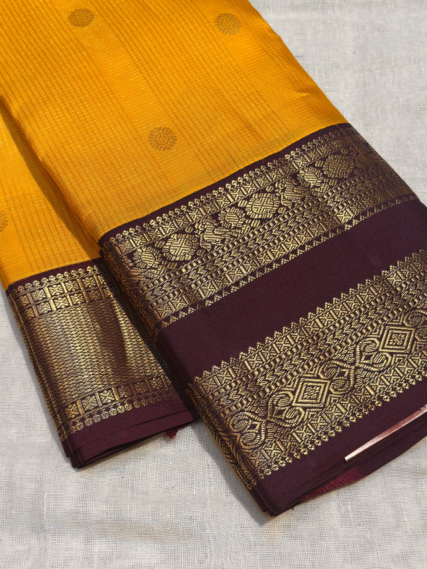 Yellow & Brown Handloom Kanchipuram Pure Silk Saree with Kuttu Jari