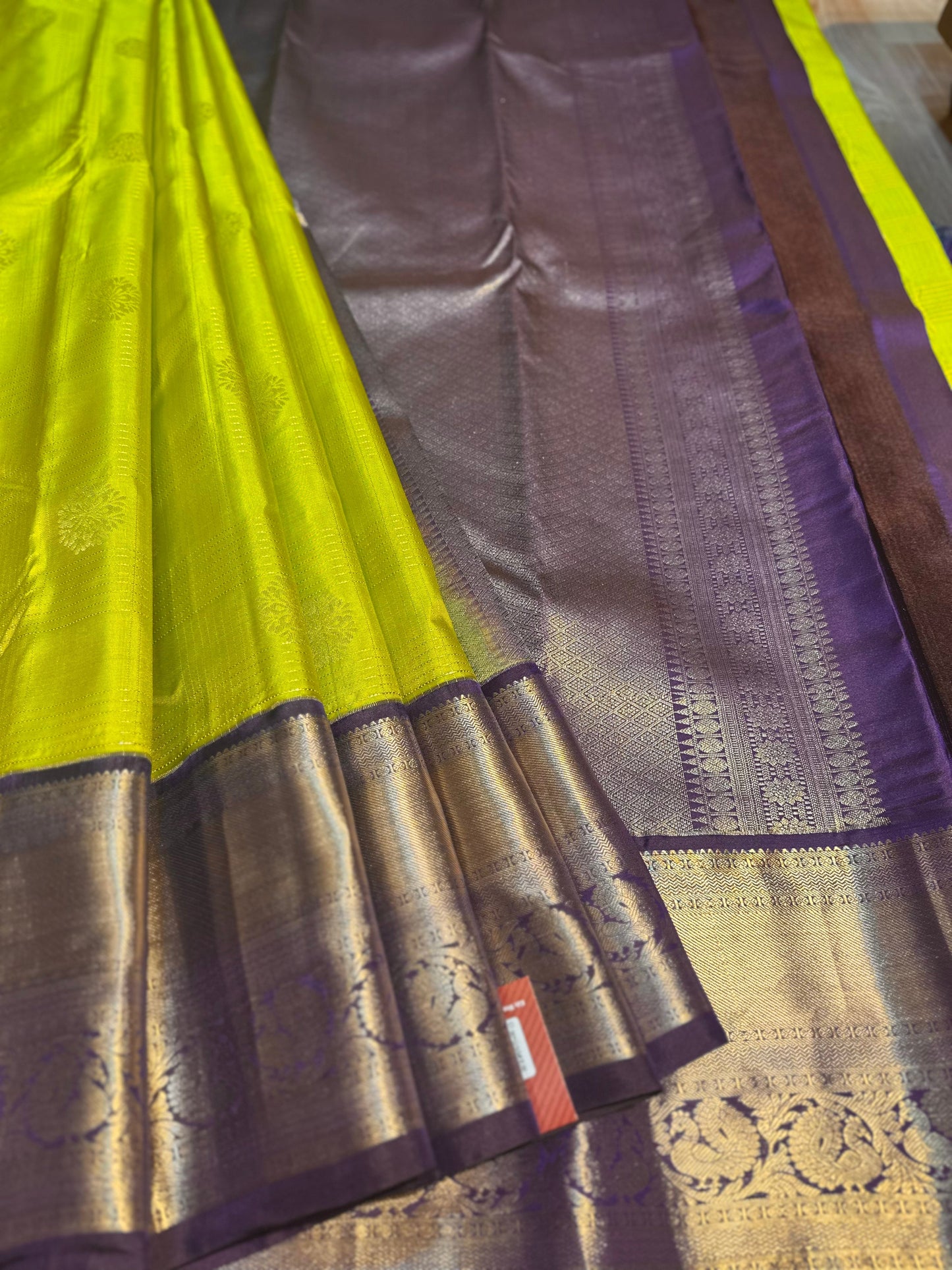 Neon Green & Dark Purple Handloom Kanchipuram Pure Silk Saree with Kottanch Jari
