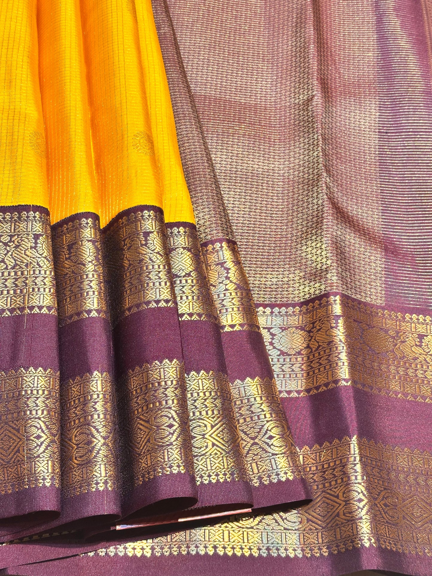 Yellow & Brown Handloom Kanchipuram Pure Silk Saree with Kuttu Jari