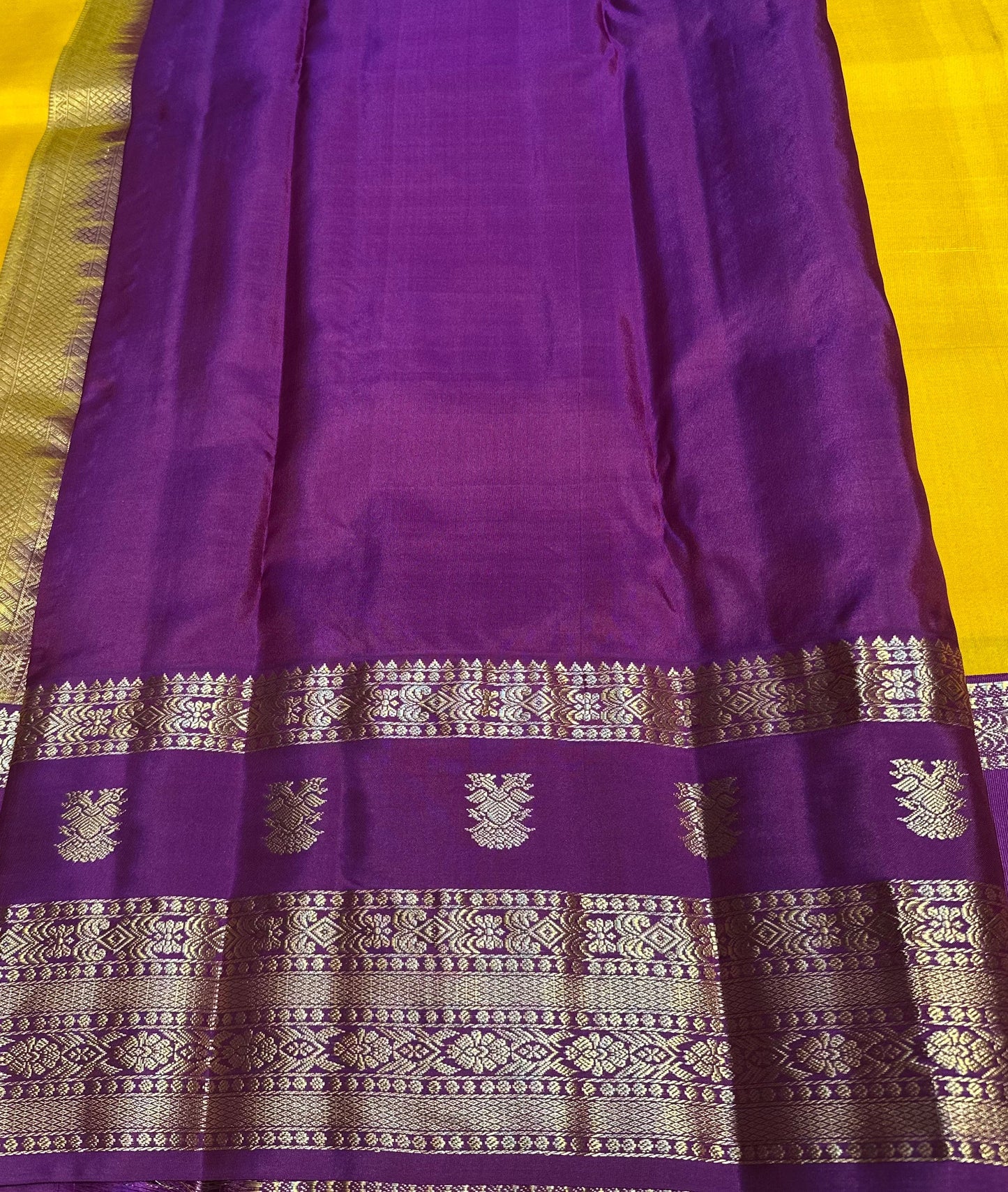 Yellow & Purple Handloom Kanchipuram Pure Silk Saree with Kuttu Jari