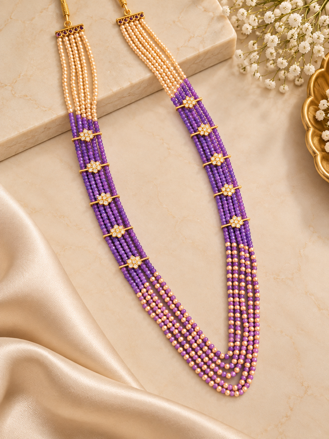 Purple Swarovski Pearls & CZ Stone Long Chain