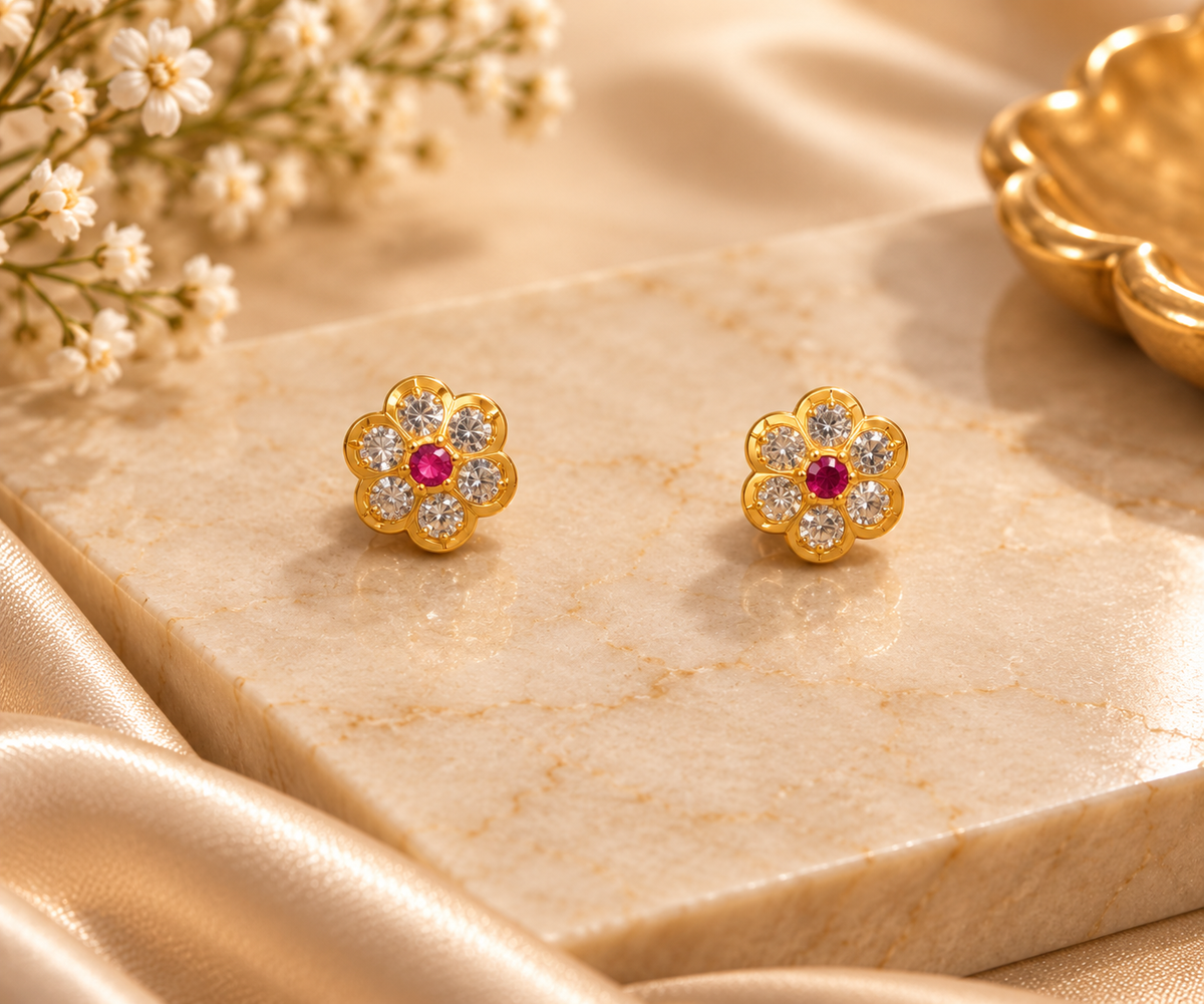 Floral Ruby Mini Stud Gold Plated Earrings