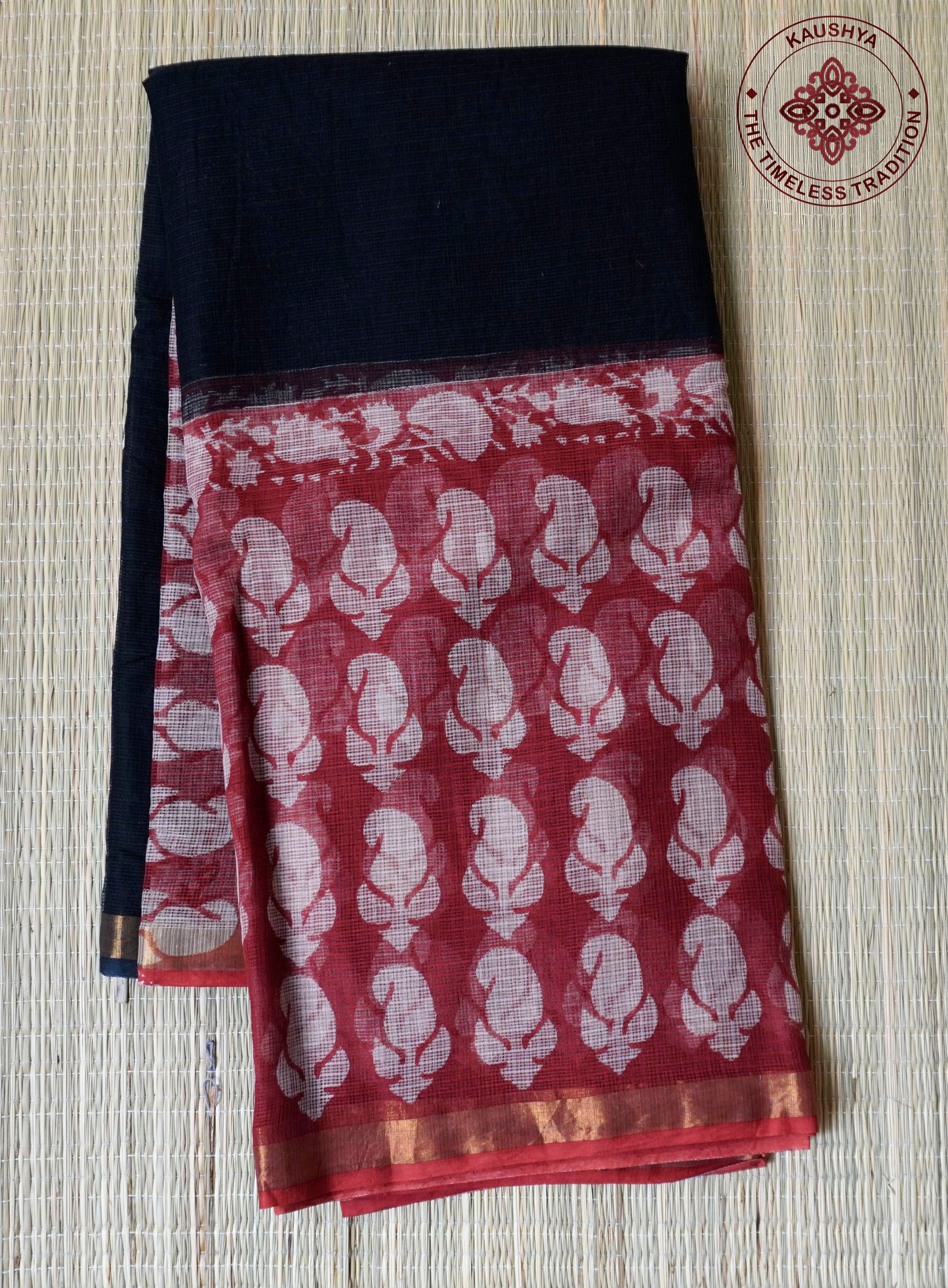 Maroon & Black Handblock Kota Doria Saree with Floral Motifs