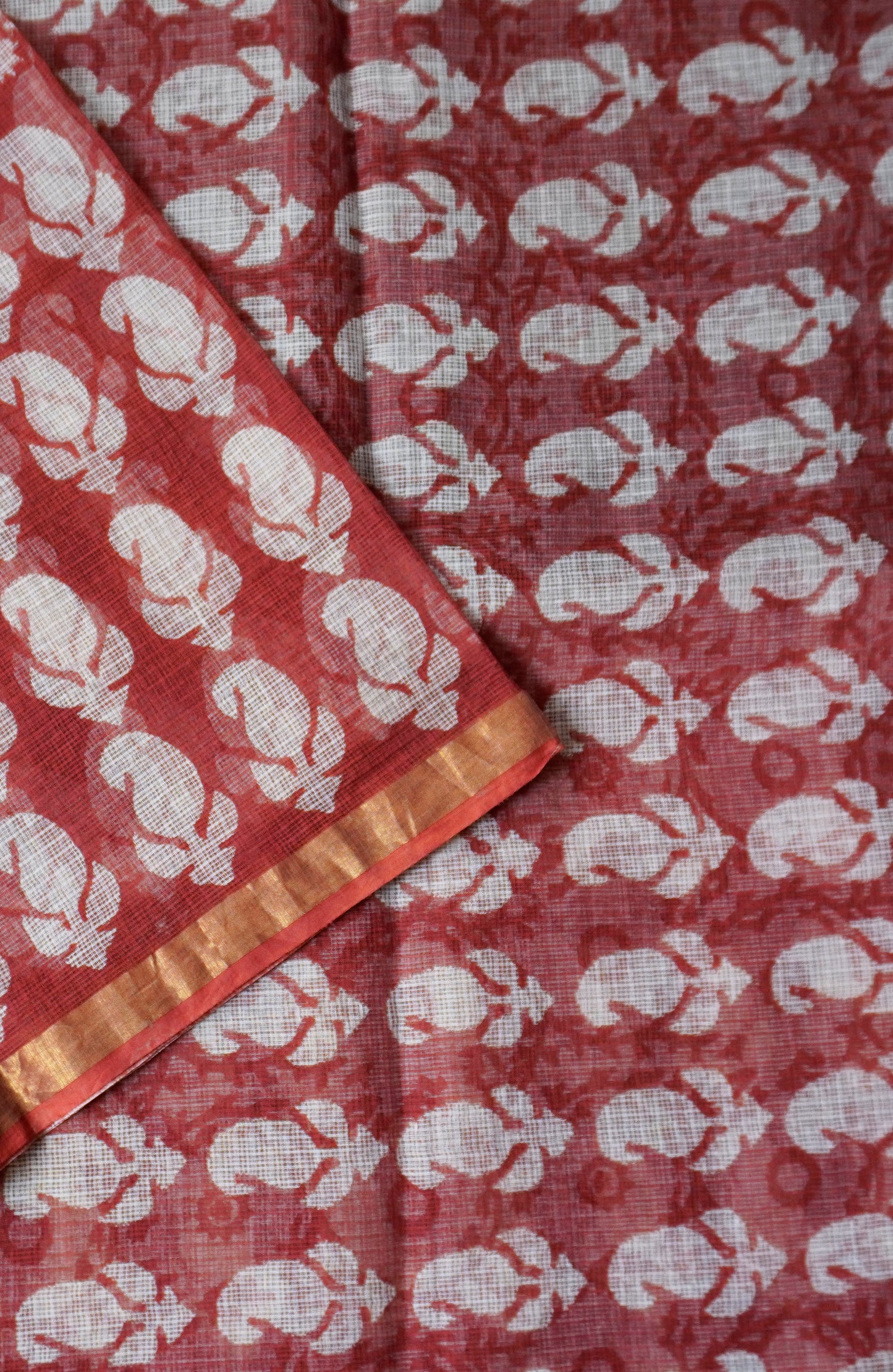 Maroon & Black Handblock Kota Doria Saree with Floral Motifs