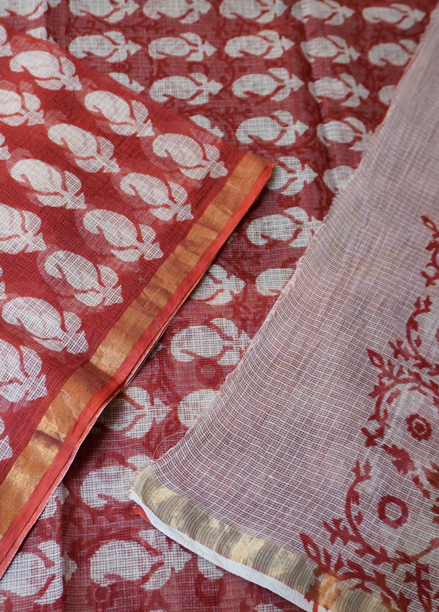 Maroon & Black Handblock Kota Doria Saree with Floral Motifs
