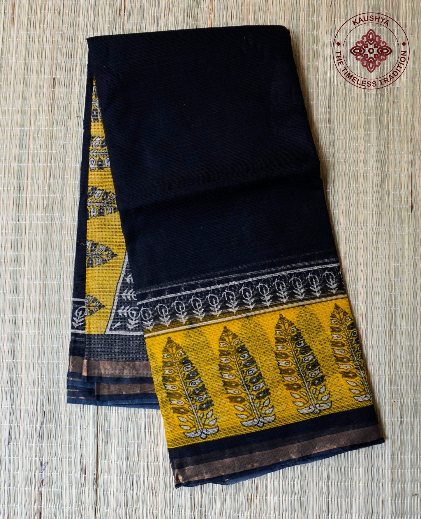 Black & Mustard Handblock Kota Doria Saree with Leaf Motifs