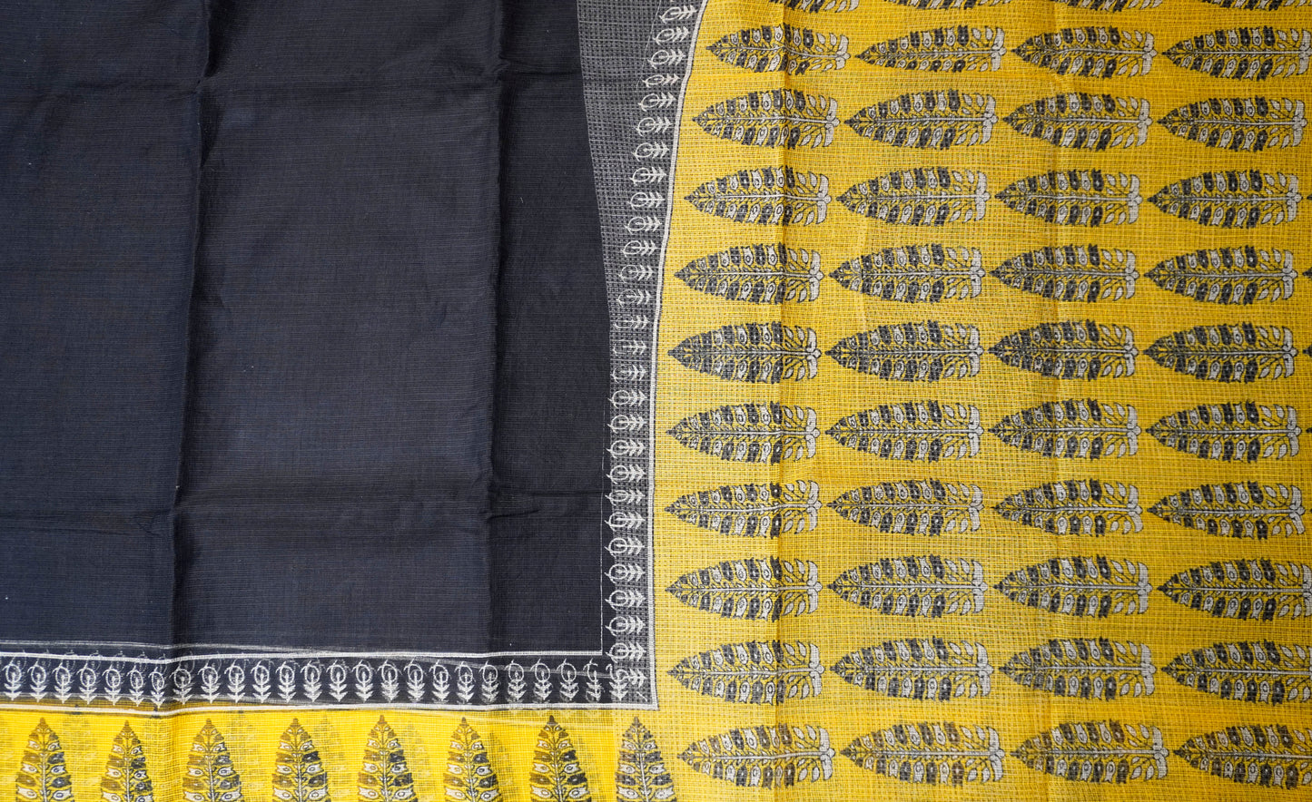 Black & Mustard Handblock Kota Doria Saree with Leaf Motifs