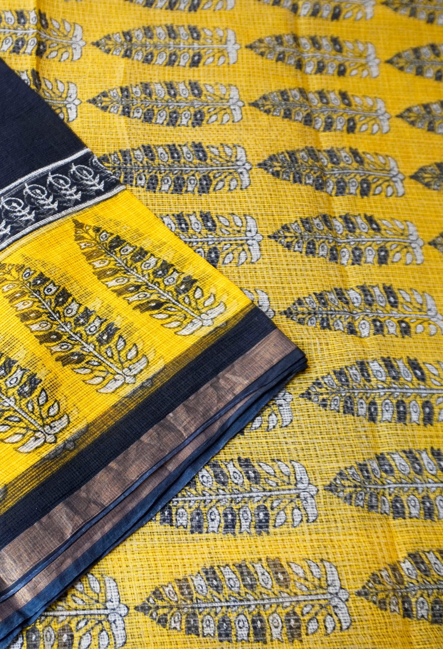 Black & Mustard Handblock Kota Doria Saree with Leaf Motifs
