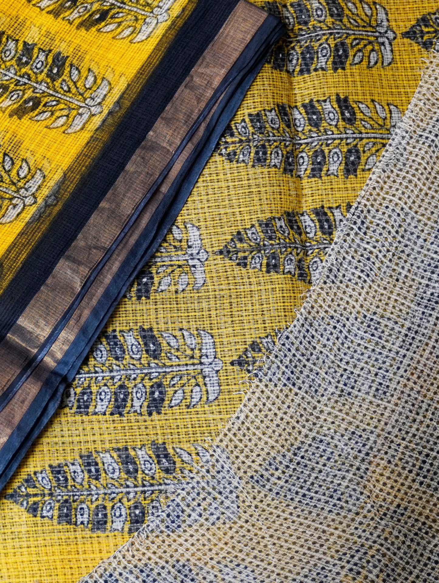 Black & Mustard Handblock Kota Doria Saree with Leaf Motifs