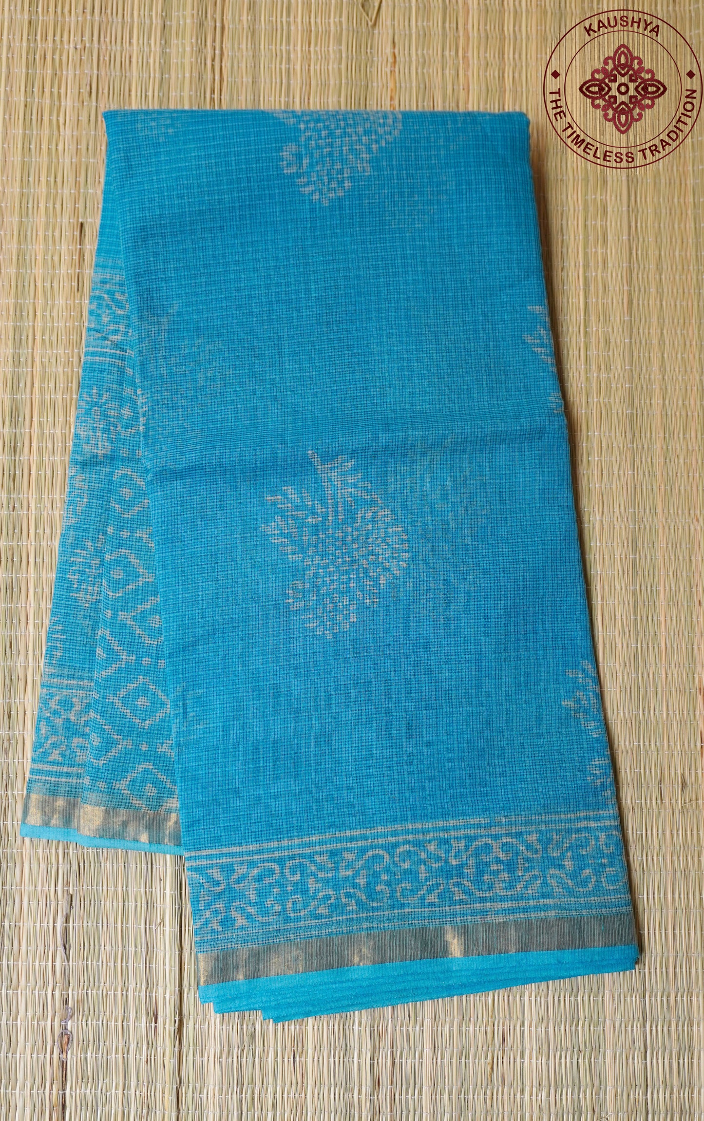 Neon Blue Kota Doria Saree with Subtle Pine Motifs