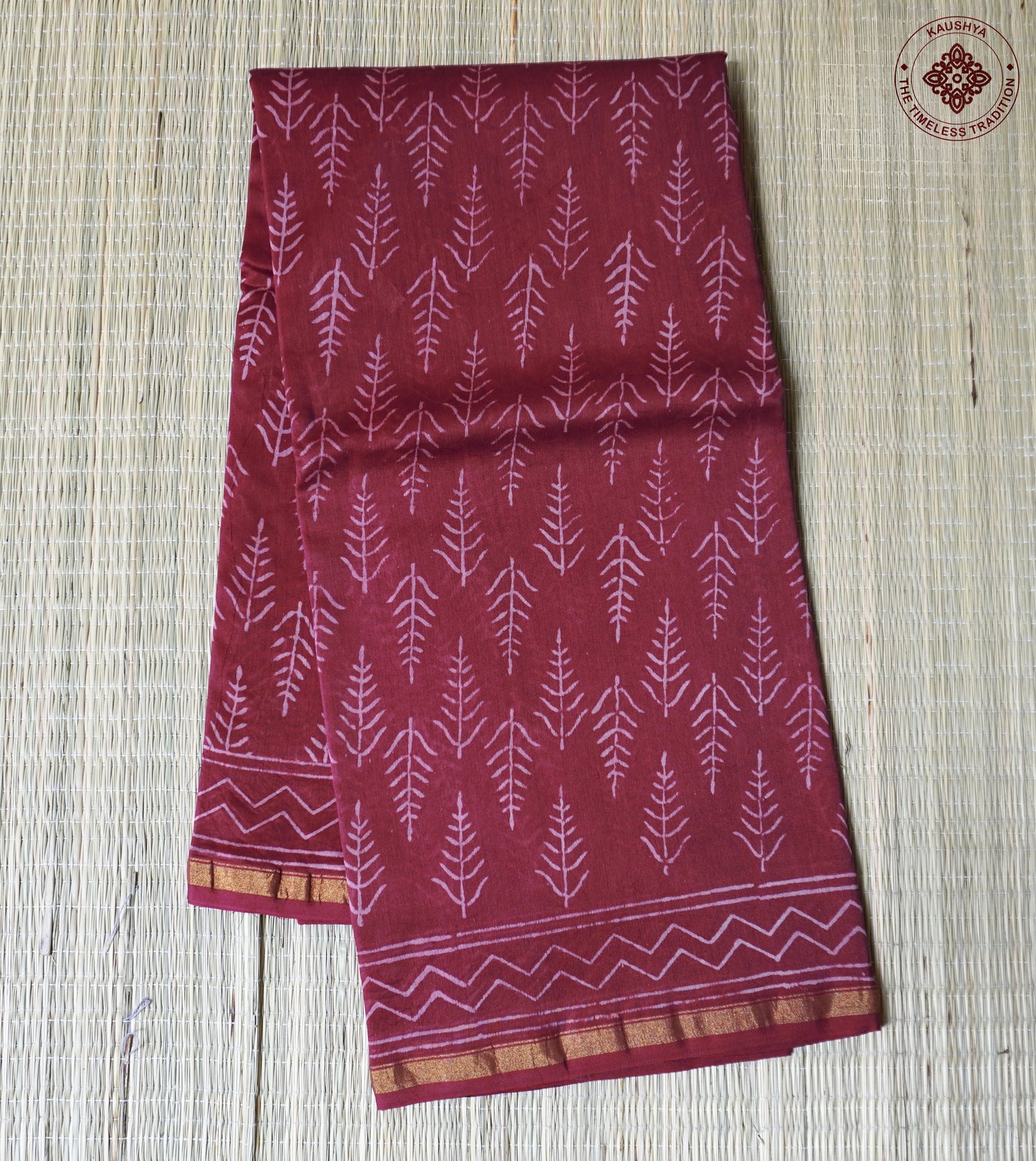 Wine Red Block Printed Chanderi Cotton Saree