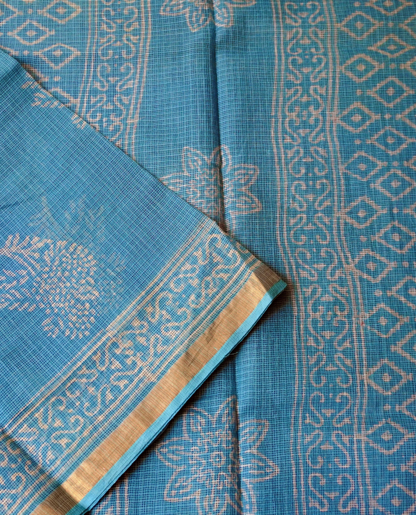 Neon Blue Kota Doria Saree with Subtle Pine Motifs