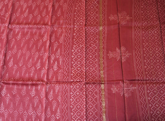 Wine Red Block Printed Chanderi Cotton Saree