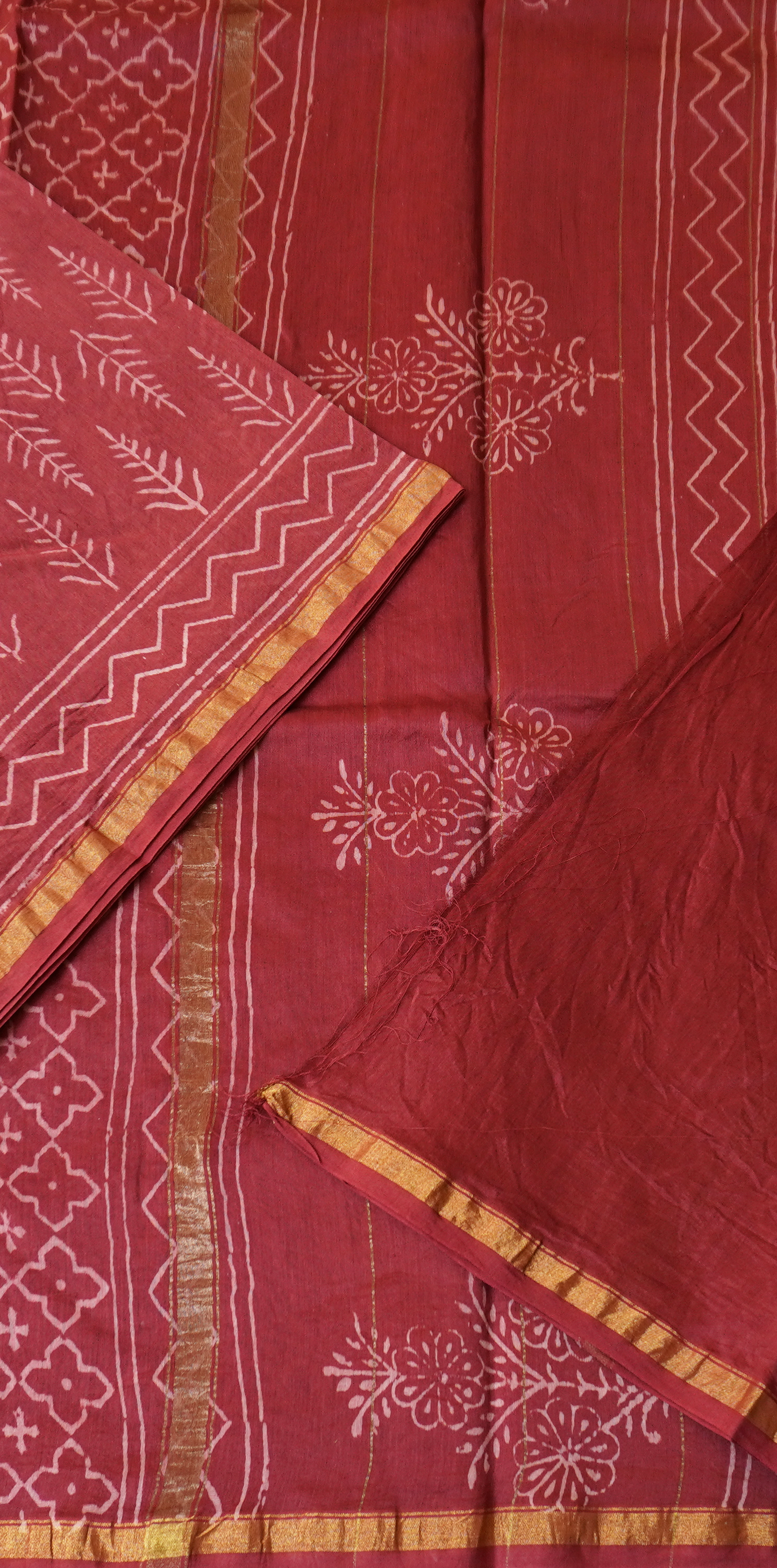 Wine Red Block Printed Chanderi Cotton Saree