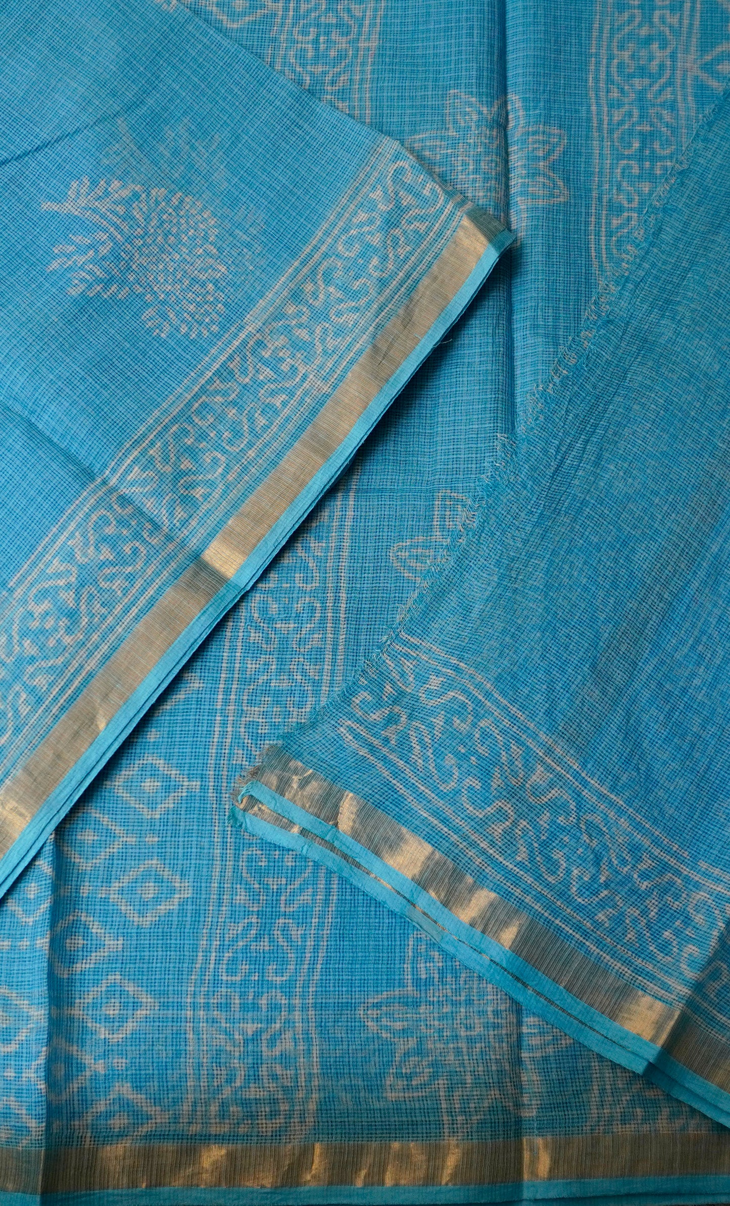 Neon Blue Kota Doria Saree with Subtle Pine Motifs