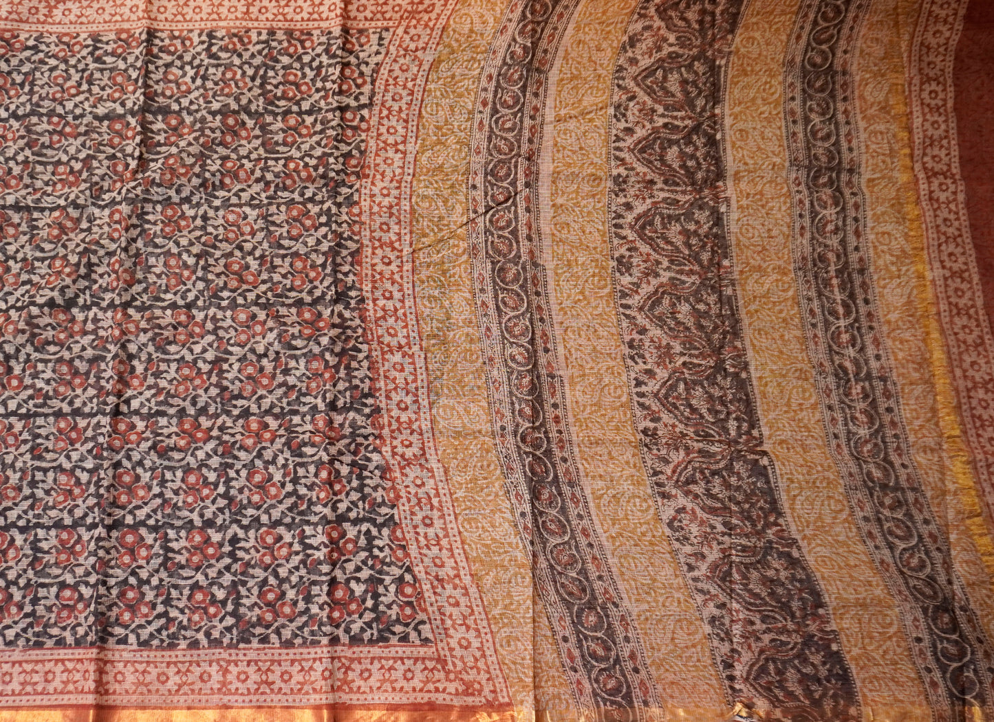 Deep Maroon & Black with Botanical Block Print Kota Doria Saree