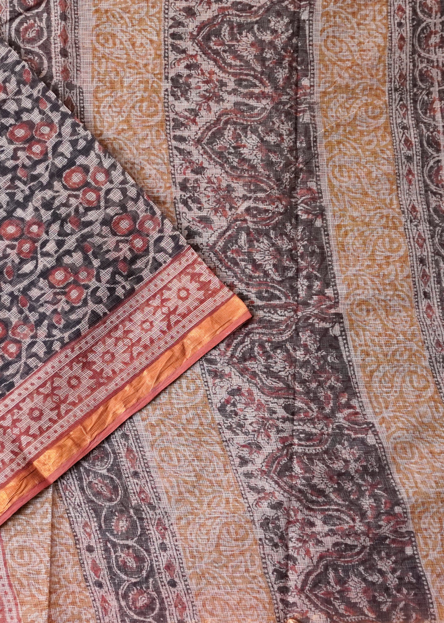 Deep Maroon & Black with Botanical Block Print Kota Doria Saree